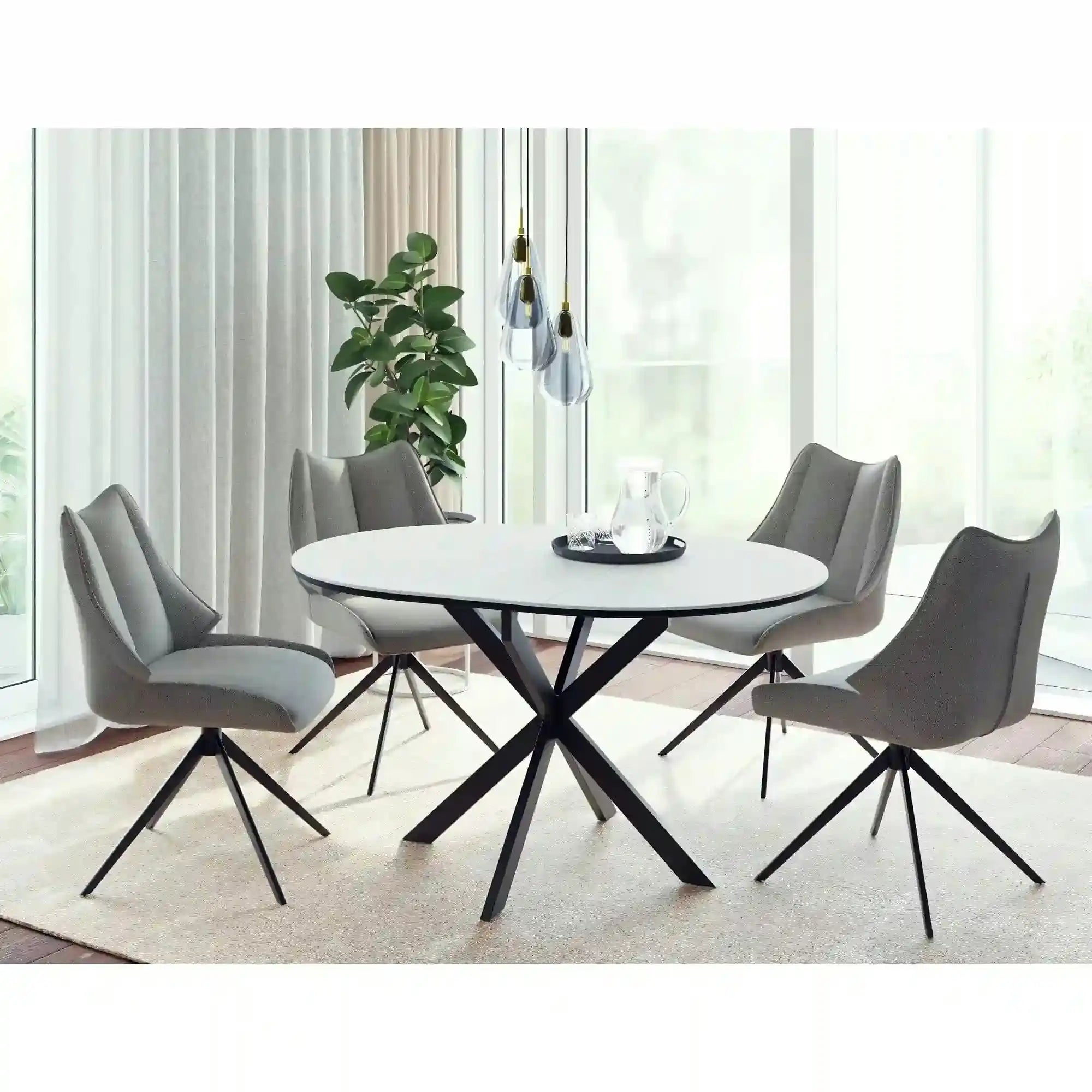 Masa extensibila GASTON, alb mat cu efect de marmura, ceramica/metal, 100/135x100x76 cm