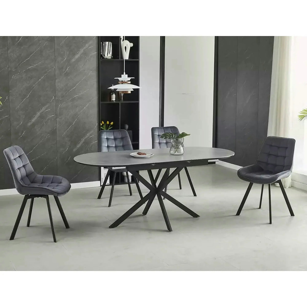 Masa extensibila GASTON, gri mat cu efect de marmura, ceramica/metal, 140/180x80x76 cm