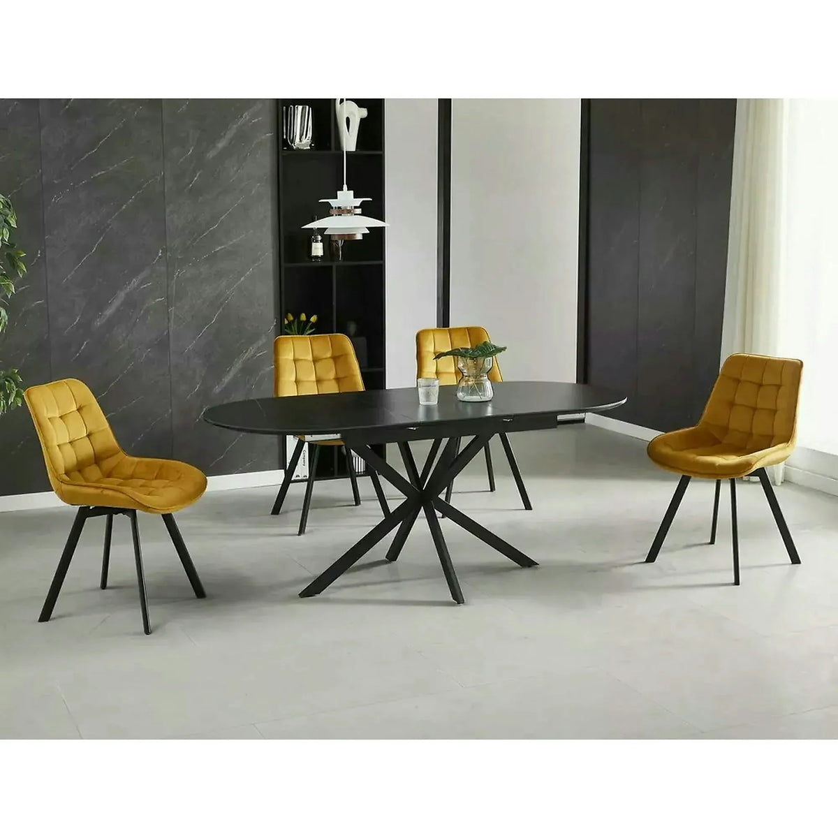 Masa extensibila GASTON, negru mat cu efect de marmura, ceramica/metal, 140/180x80x76 cm