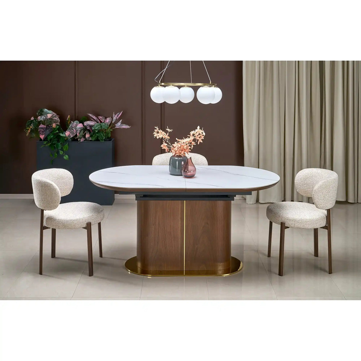 Masa extensibila GIBSON, alb/nuc/auriu, piatra sinterizata, 160/220x90x76 cm