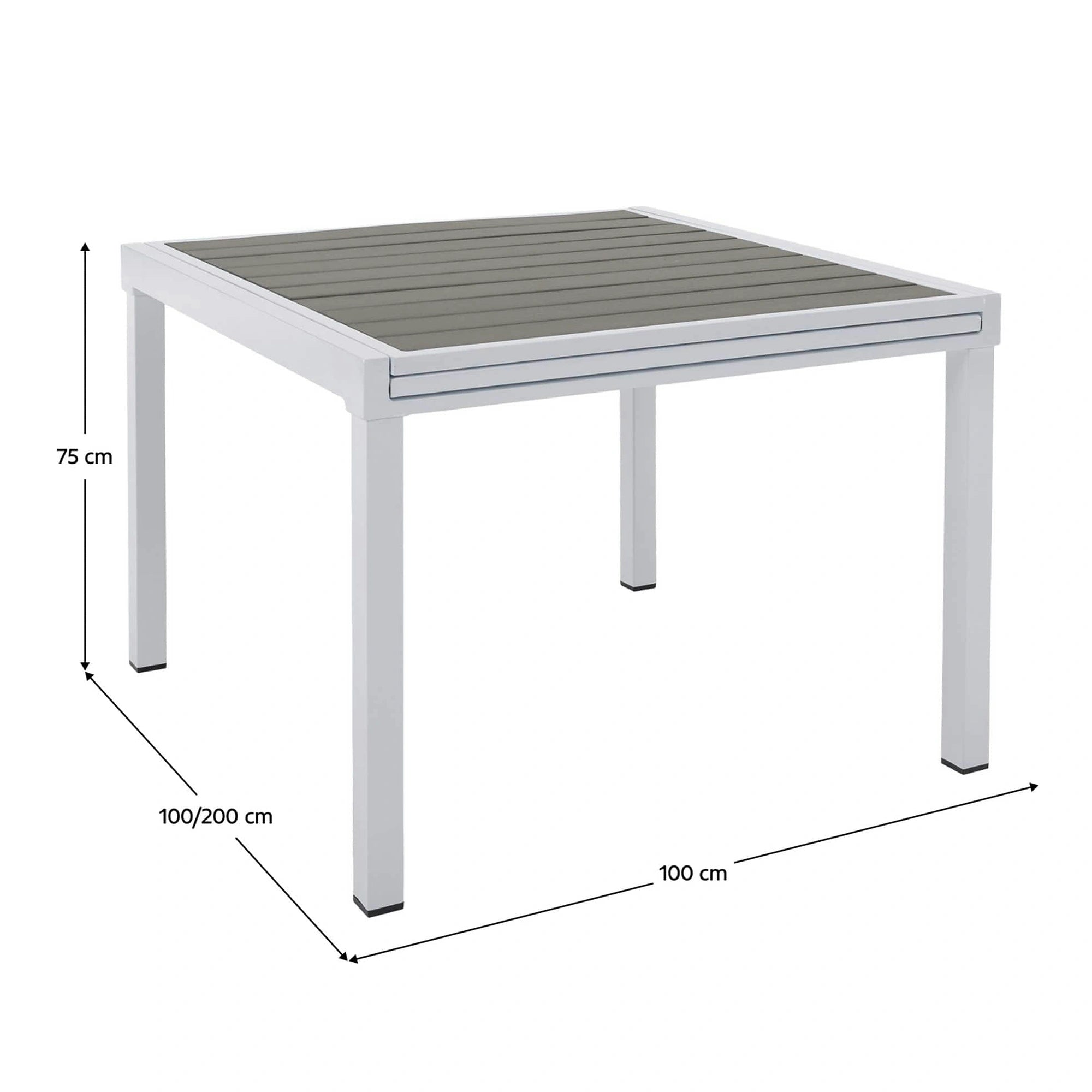 Masa extensibila gradina DORIO, alb/gri, otel/lemn, 100/200x100x75 cm