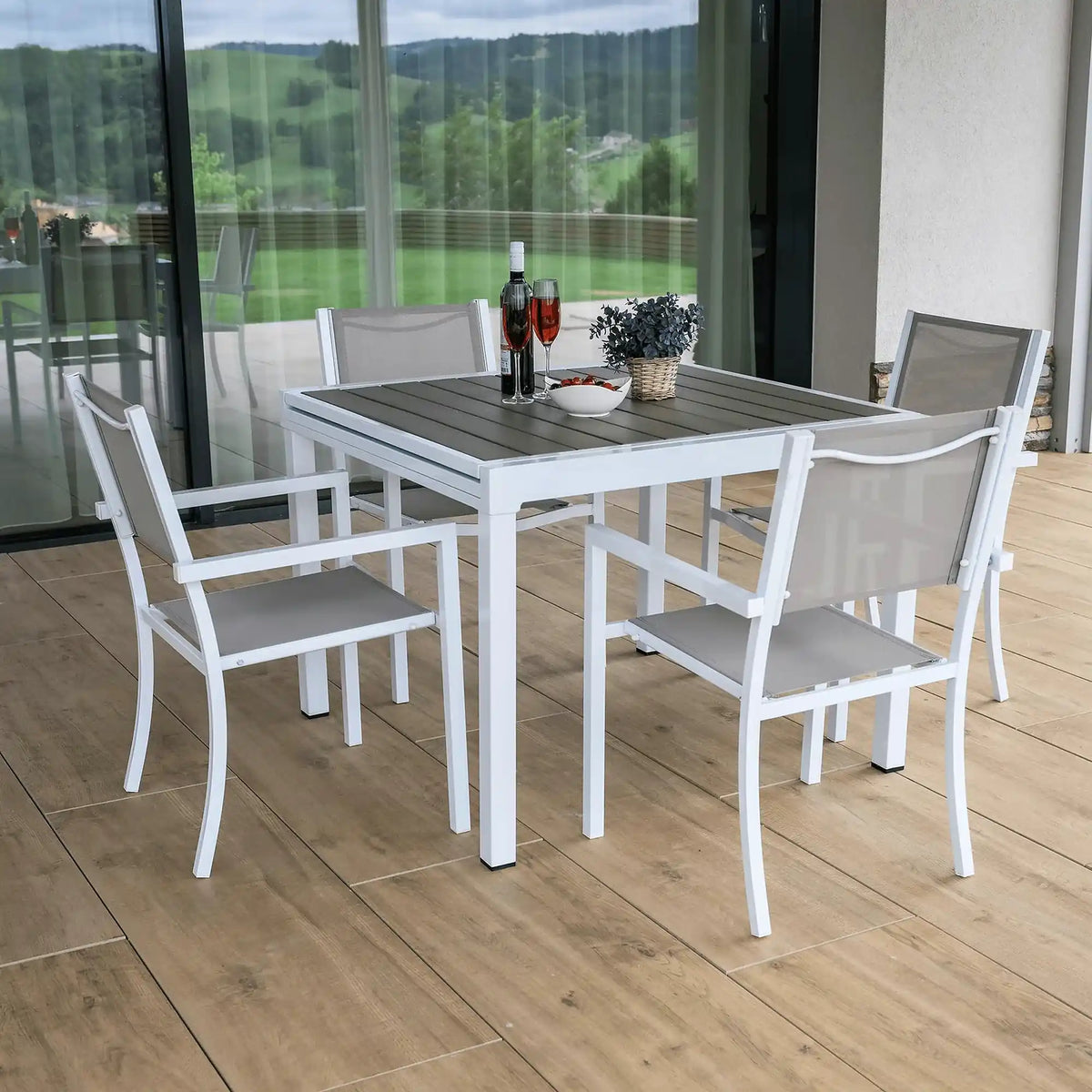 Masa extensibila gradina DORIO, alb/gri, otel/lemn, 100/200x100x75 cm