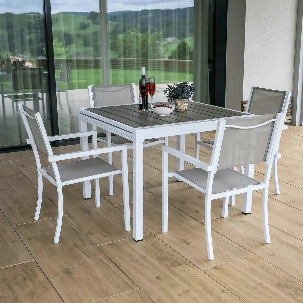 Masa extensibila gradina DORIO, alb/gri, otel/lemn, 100/200x100x75 cm