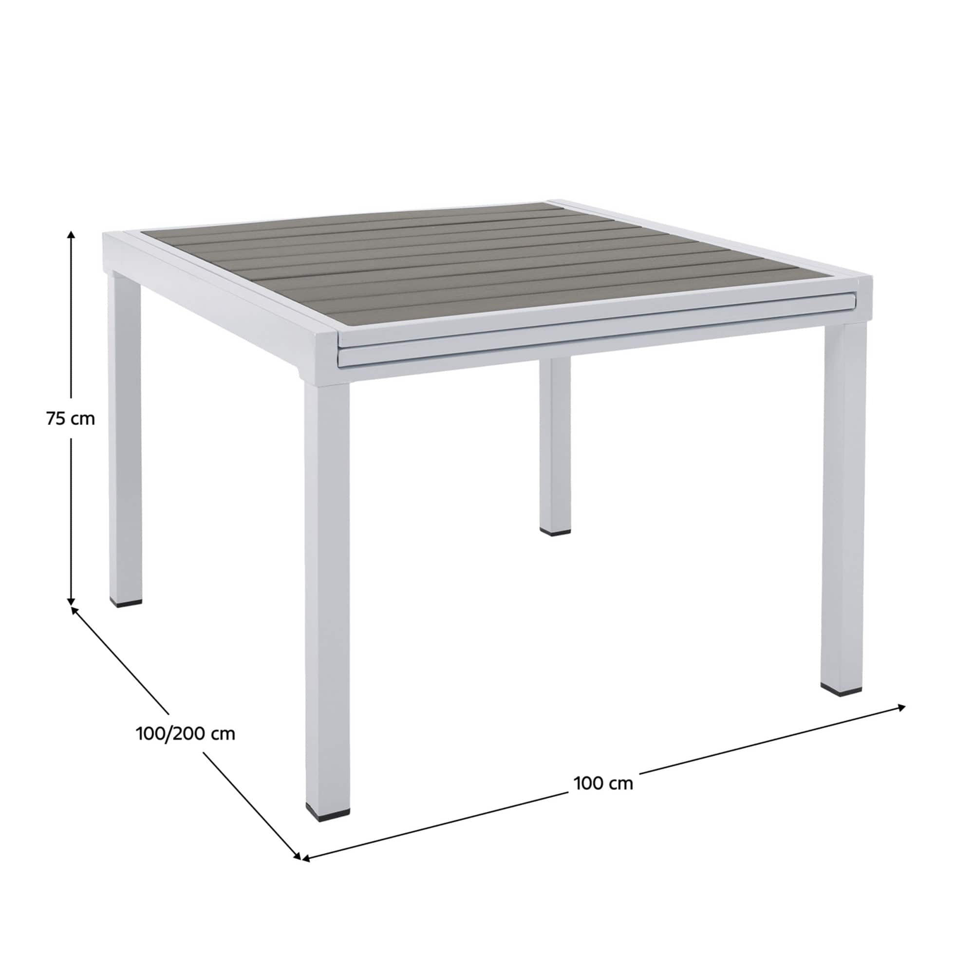 Masa extensibila gradina DORIO, alb/gri, otel/lemn, 100/200x100x75 cm