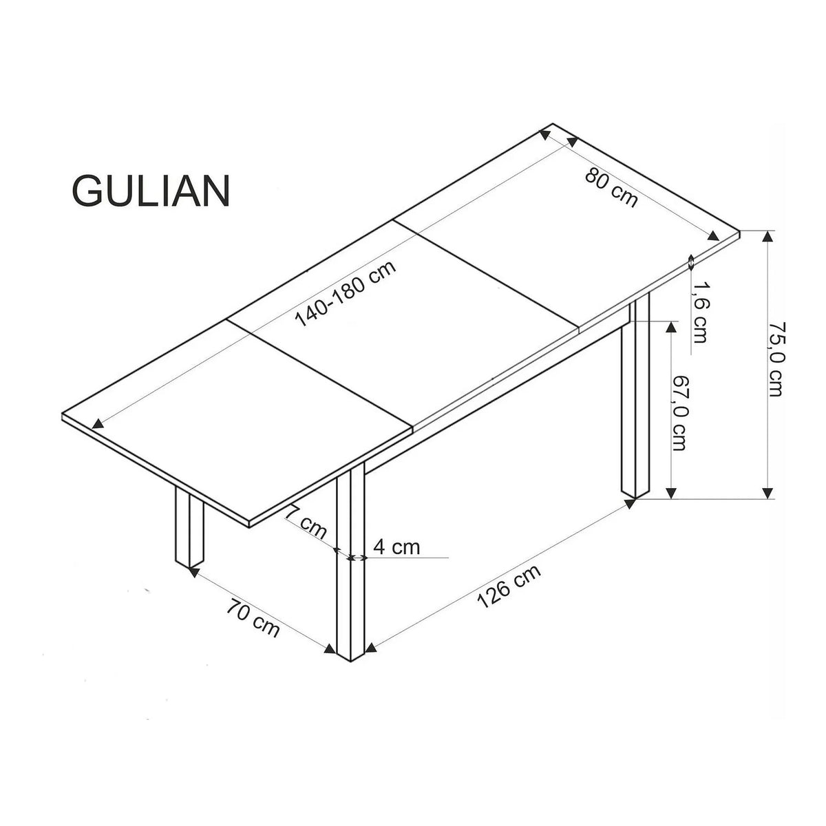 Masa extensibila GULIAN, stejar/negru, PAL laminat/lemn, 140/180x90x76 cm