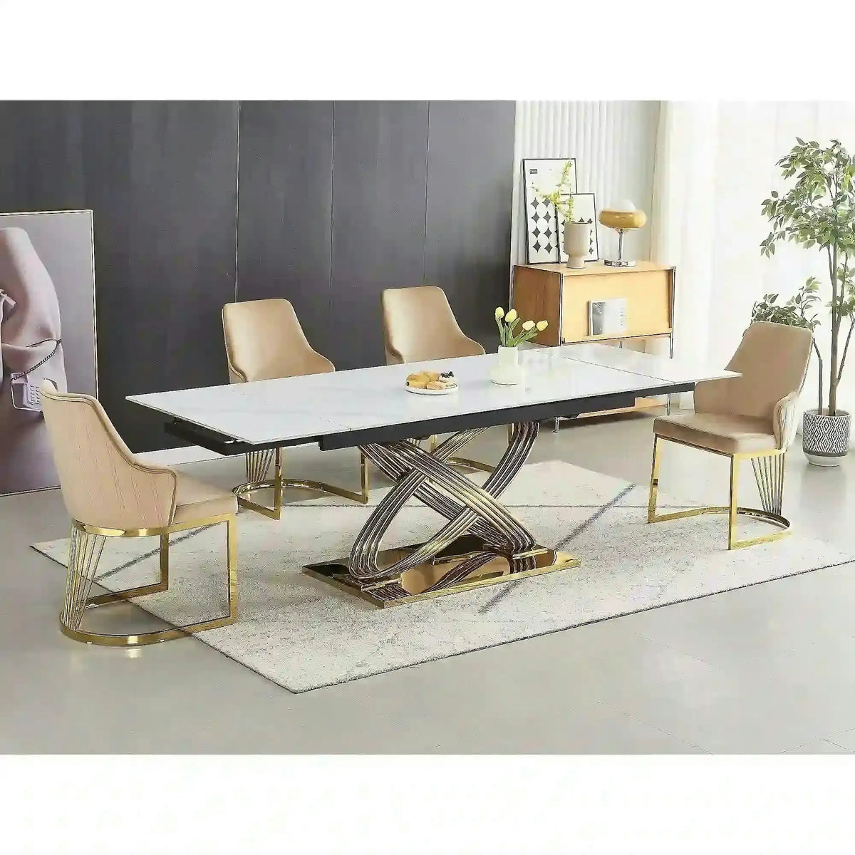 Masa extensibila HERMES II, alb cu efect de marmura/auriu, ceramica/metal, 160/240x90x75 cm
