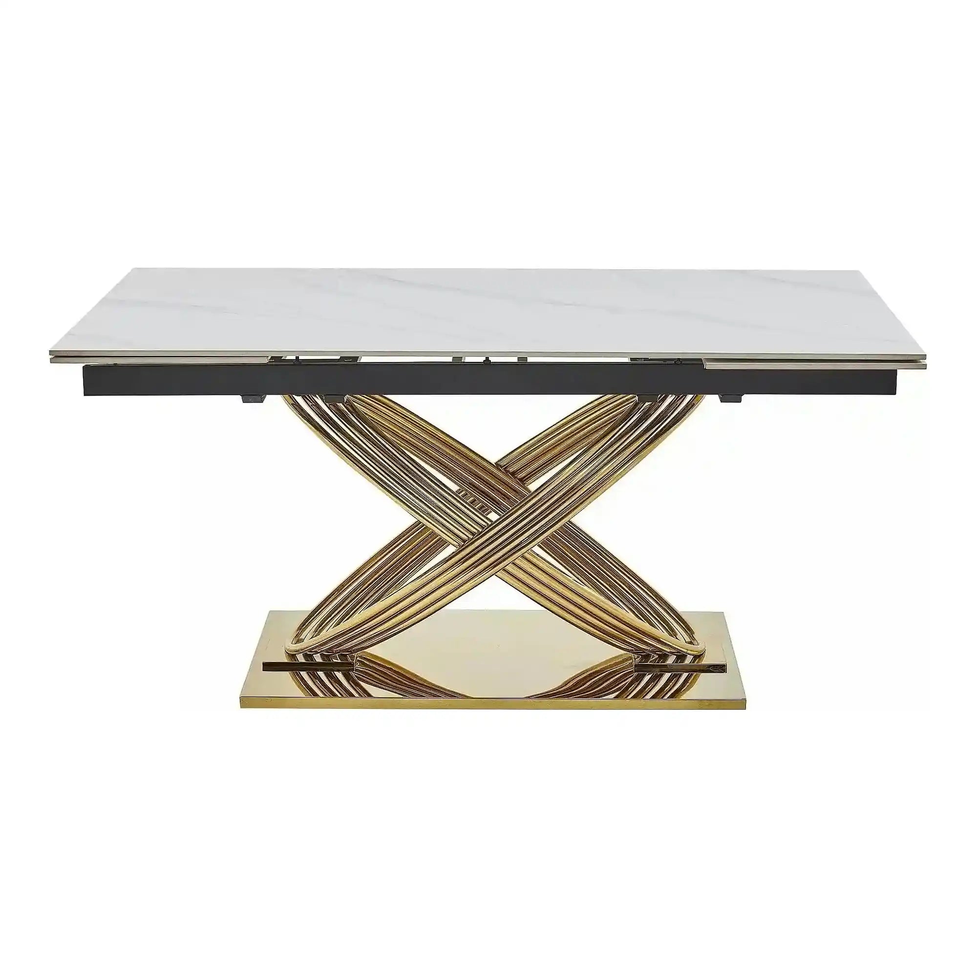 Masa extensibila HERMES II, alb cu efect de marmura/auriu, ceramica/metal, 160/240x90x75 cm