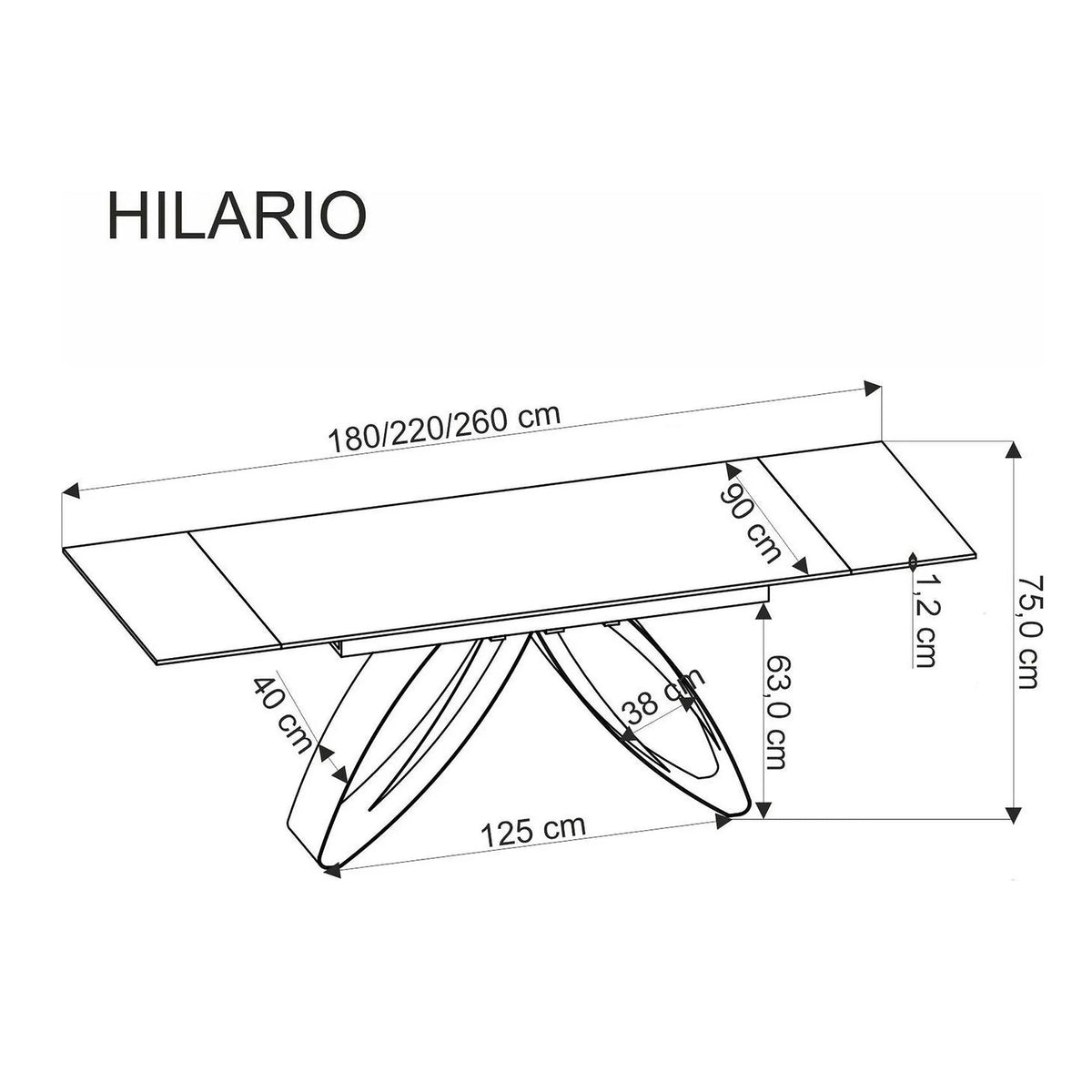 Masa extensibila HILARIO, nuc/negru, piatra sinterizata/otel, 180/260x90x75 cm
