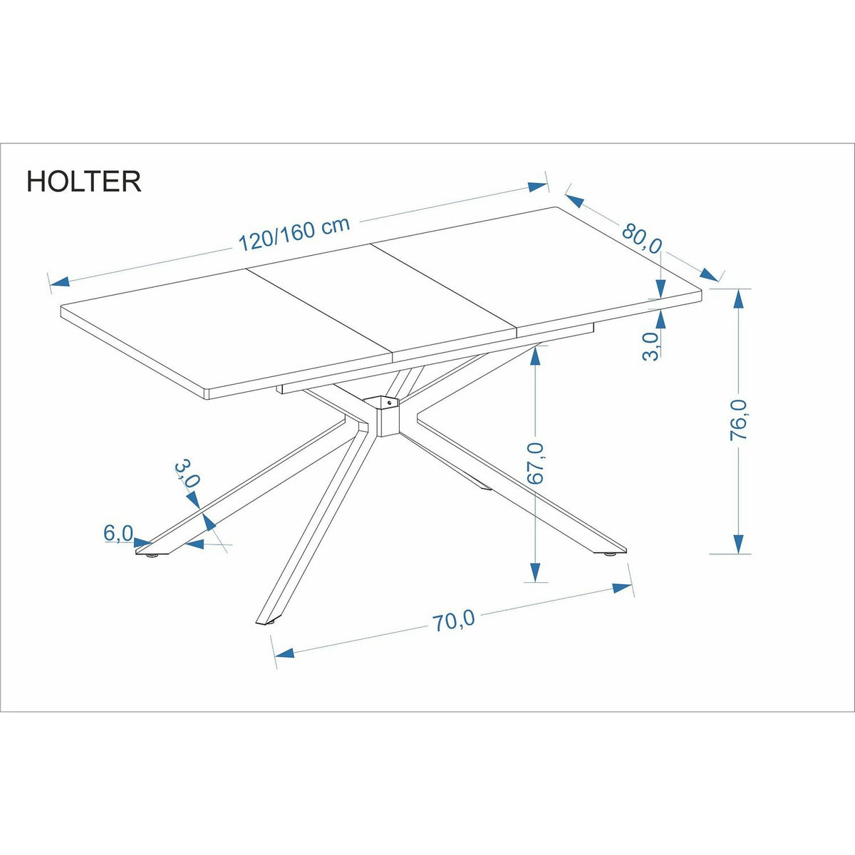 Masa extensibila HOLTER, stejar auriu/negru, 120/160x80x76 cm