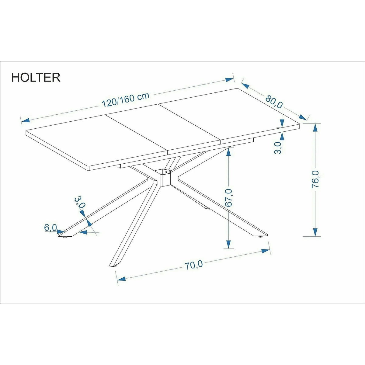 Masa extensibila HOLTER, stejar auriu/negru, 120/160x80x76 cm
