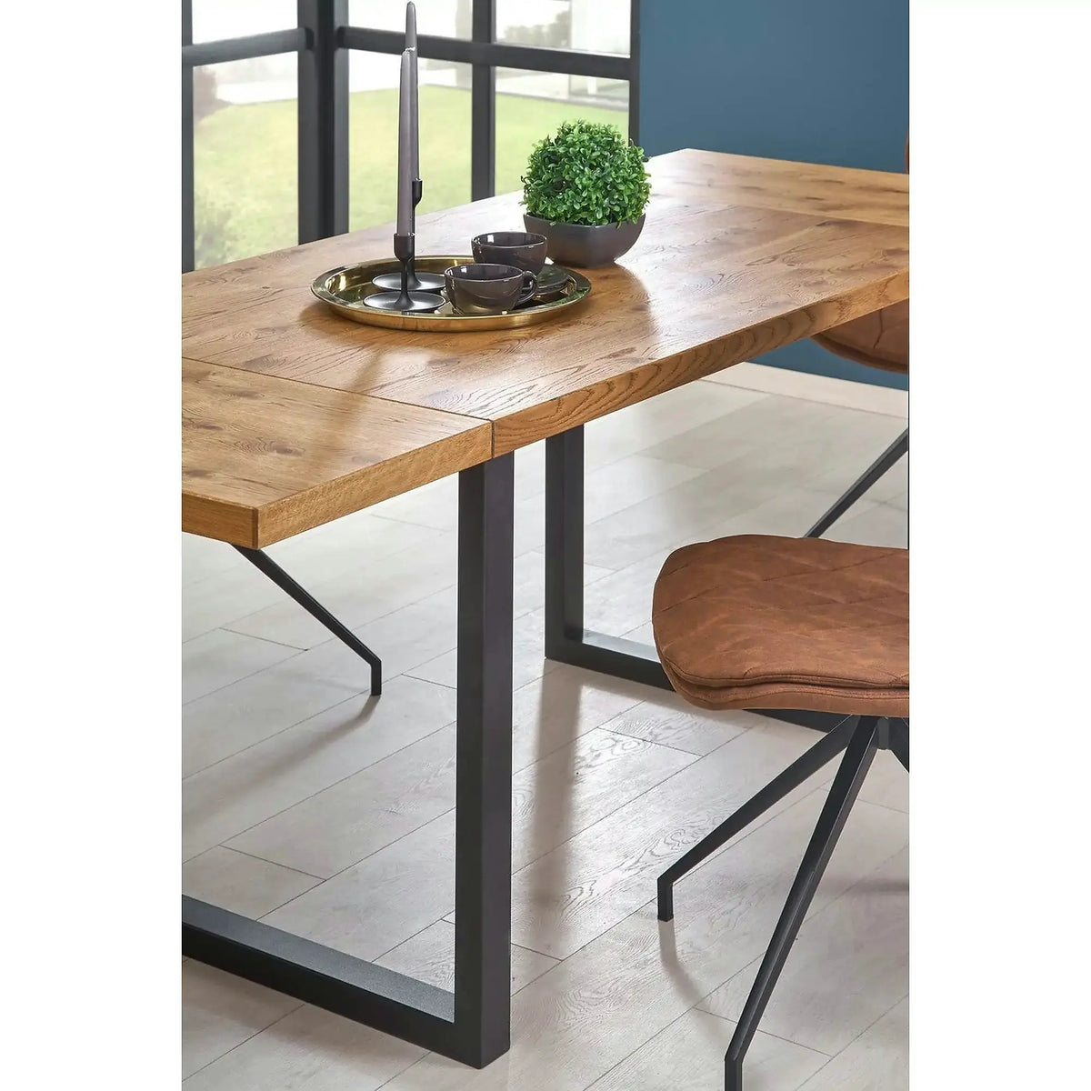 Masa extensibila HORUS, stejar/negru, furnir/otel, 126/206x80x76 cm