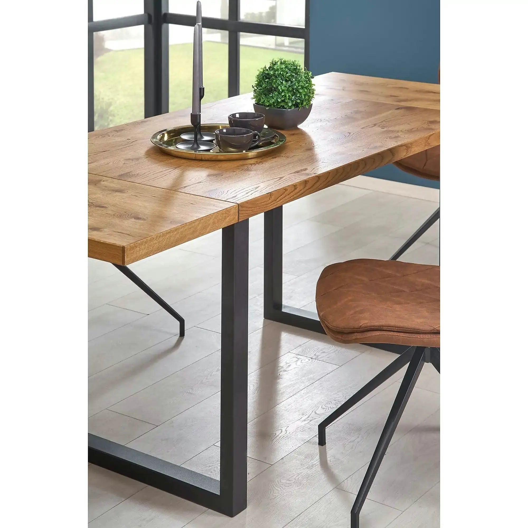 Masa extensibila HORUS, stejar/negru, furnir/otel, 126/206x80x76 cm