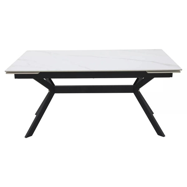 Masa extensibila IMPERIA, alb mat cu efect de marmura/negru, ceramica/metal, 160/220x90x76 cm