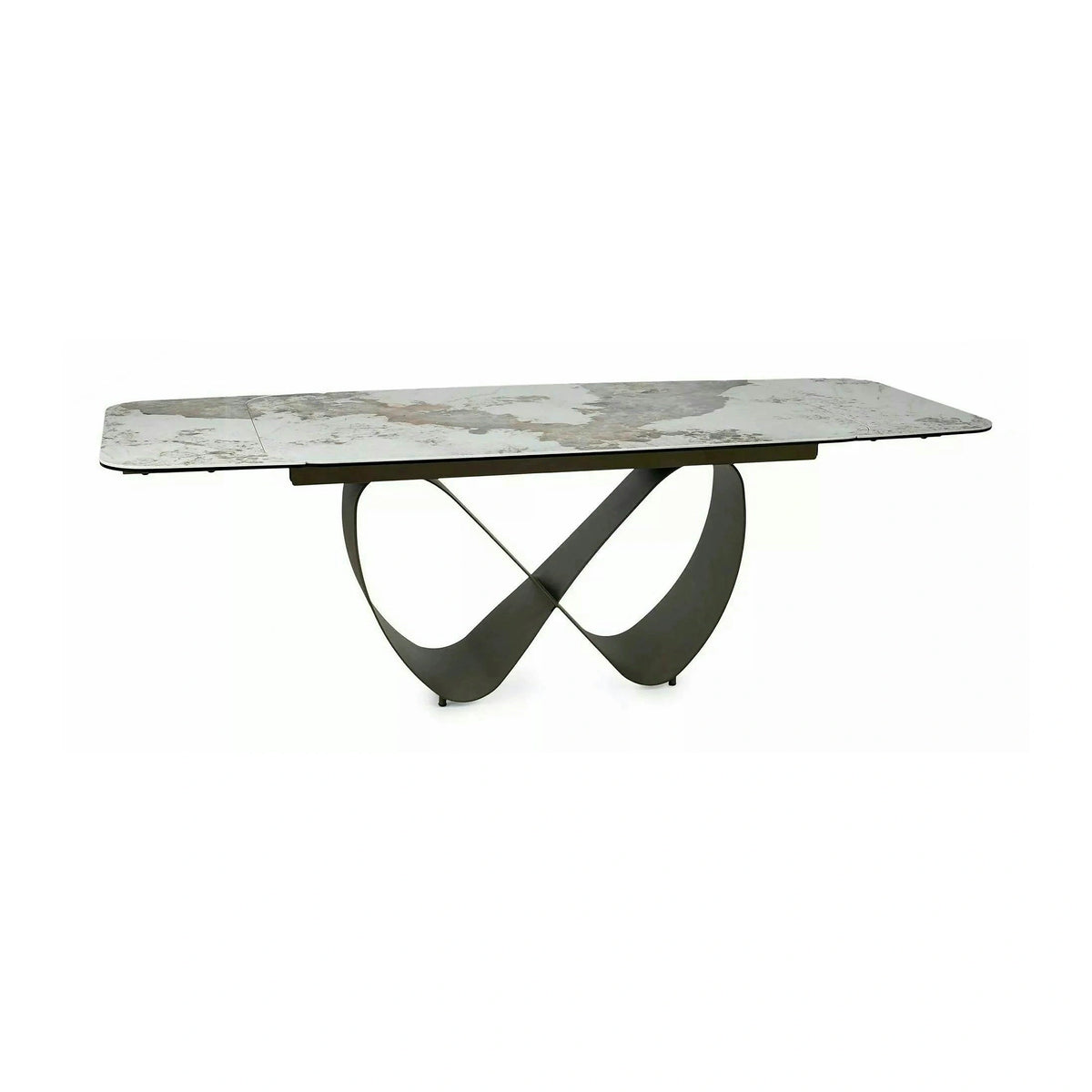 Masă extensibilă INFINITY, alb lucios/cupru, sticlă securizată/ceramică/metal, 160–240x95x76 cm