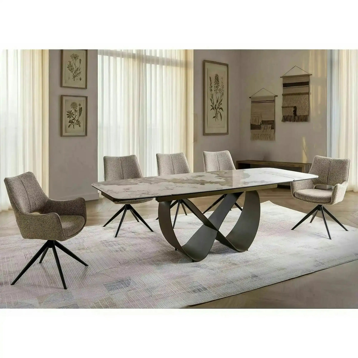 Masă extensibilă INFINITY, alb lucios/cupru, sticlă securizată/ceramică/metal, 160–240x95x76 cm