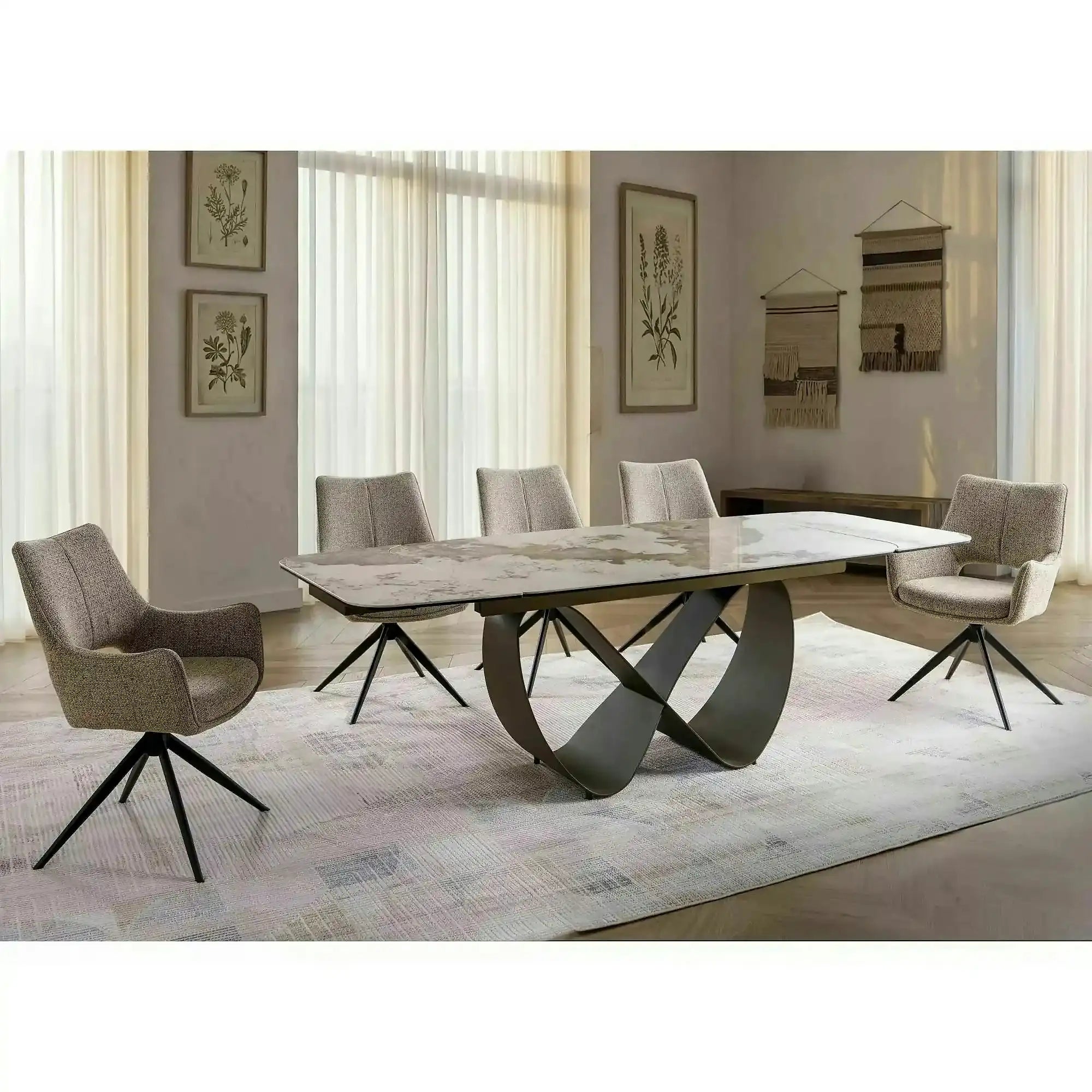 Masă extensibilă INFINITY, alb lucios/cupru, sticlă securizată/ceramică/metal, 160–240x95x76 cm