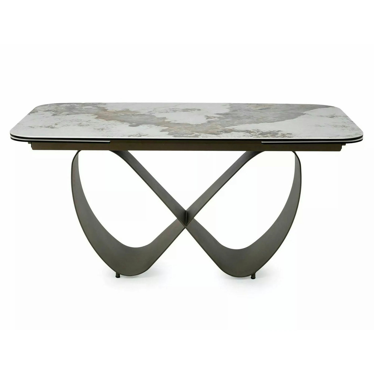 Masă extensibilă INFINITY, alb lucios/cupru, sticlă securizată/ceramică/metal, 160–240x95x76 cm