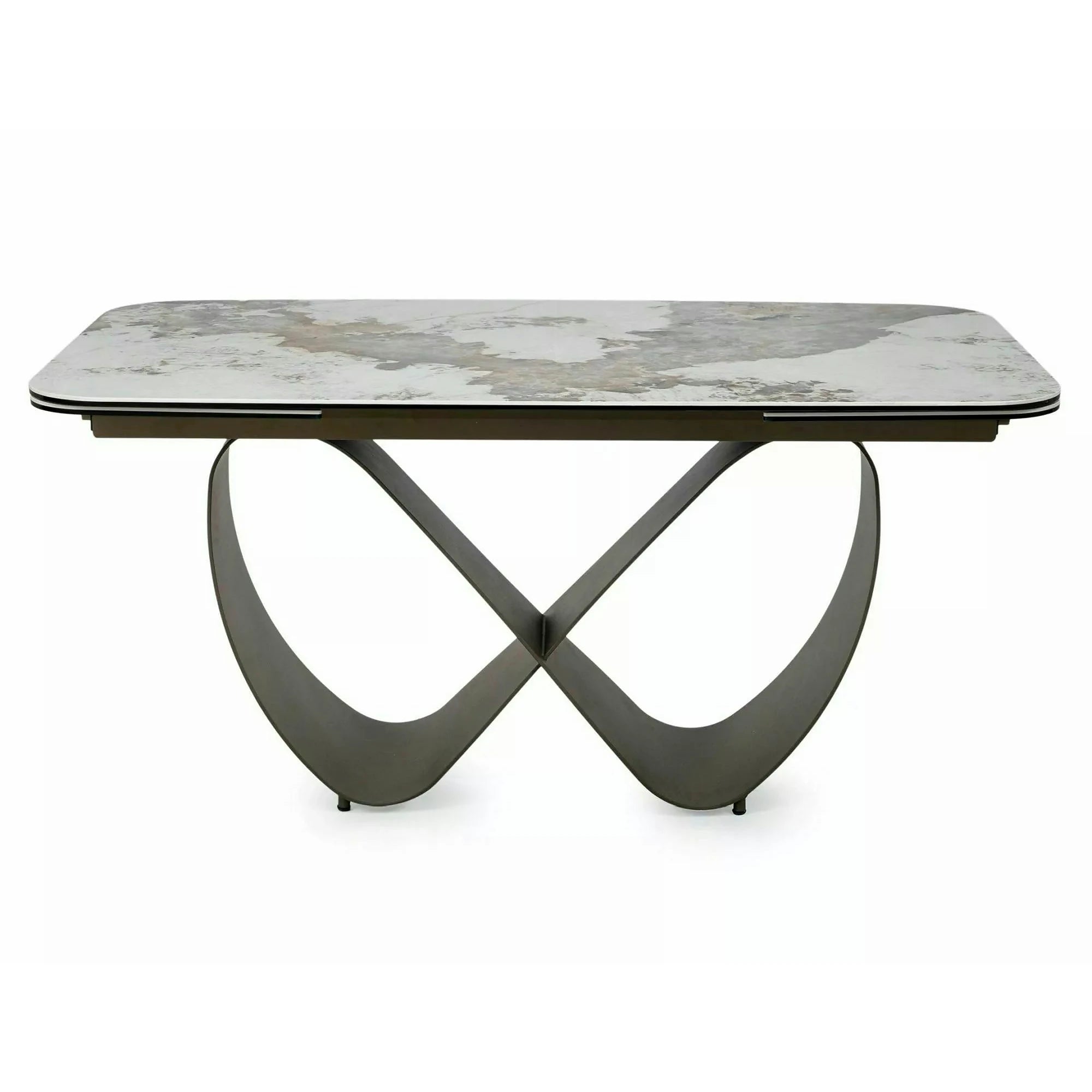 Masă extensibilă INFINITY, alb lucios/cupru, sticlă securizată/ceramică/metal, 160–240x95x76 cm