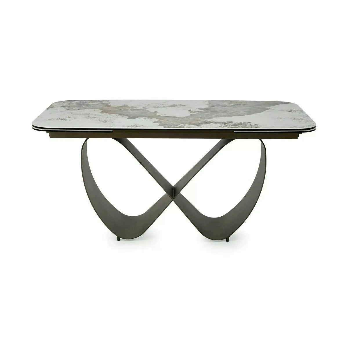 Masă extensibilă INFINITY, alb lucios/cupru, sticlă securizată/ceramică/metal, 160–240x95x76 cm