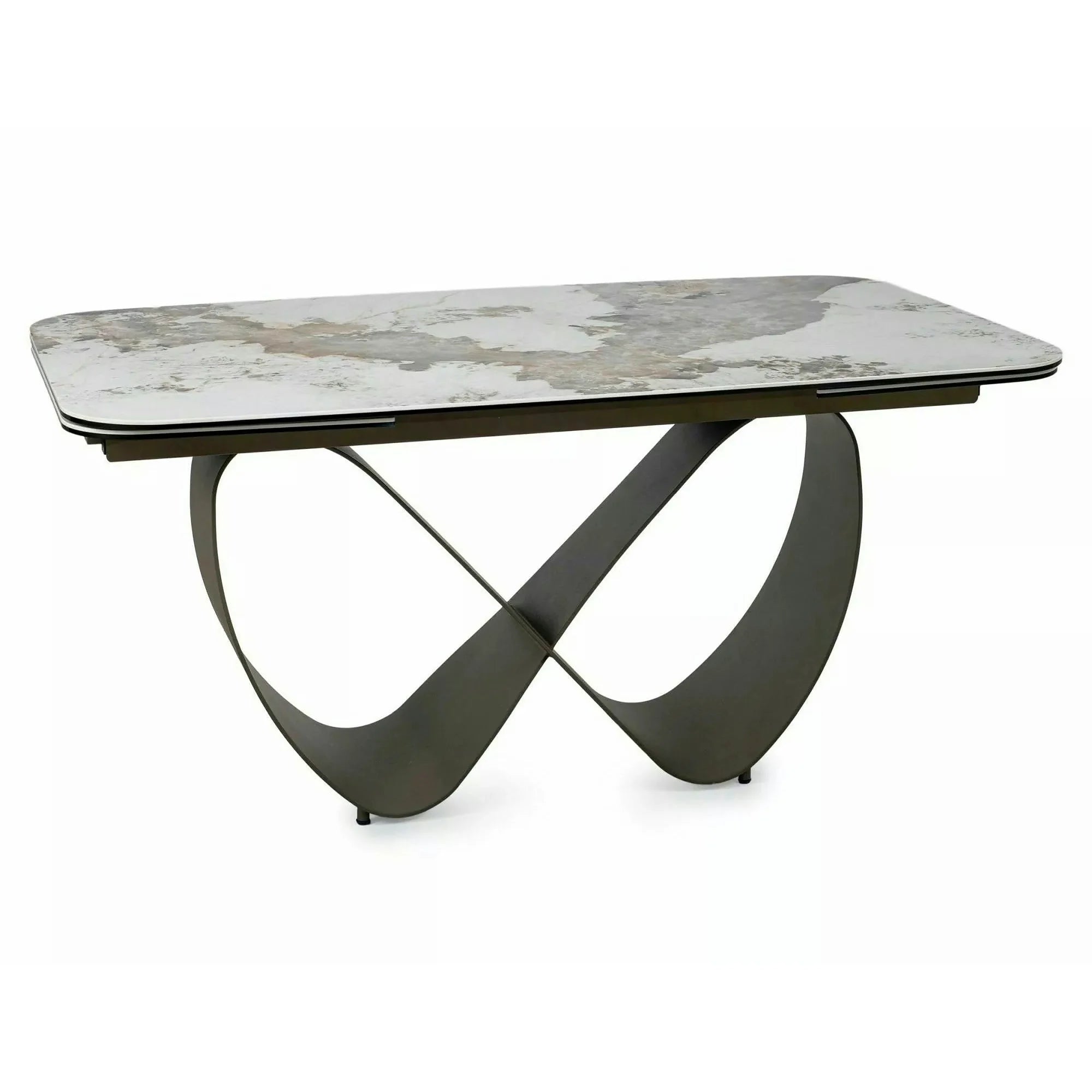 Masă extensibilă INFINITY, alb lucios/cupru, sticlă securizată/ceramică/metal, 160–240x95x76 cm