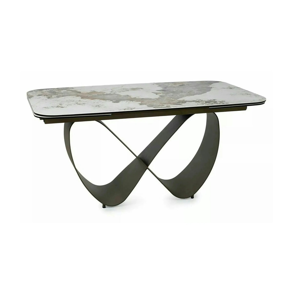 Masă extensibilă INFINITY, alb lucios/cupru, sticlă securizată/ceramică/metal, 160–240x95x76 cm