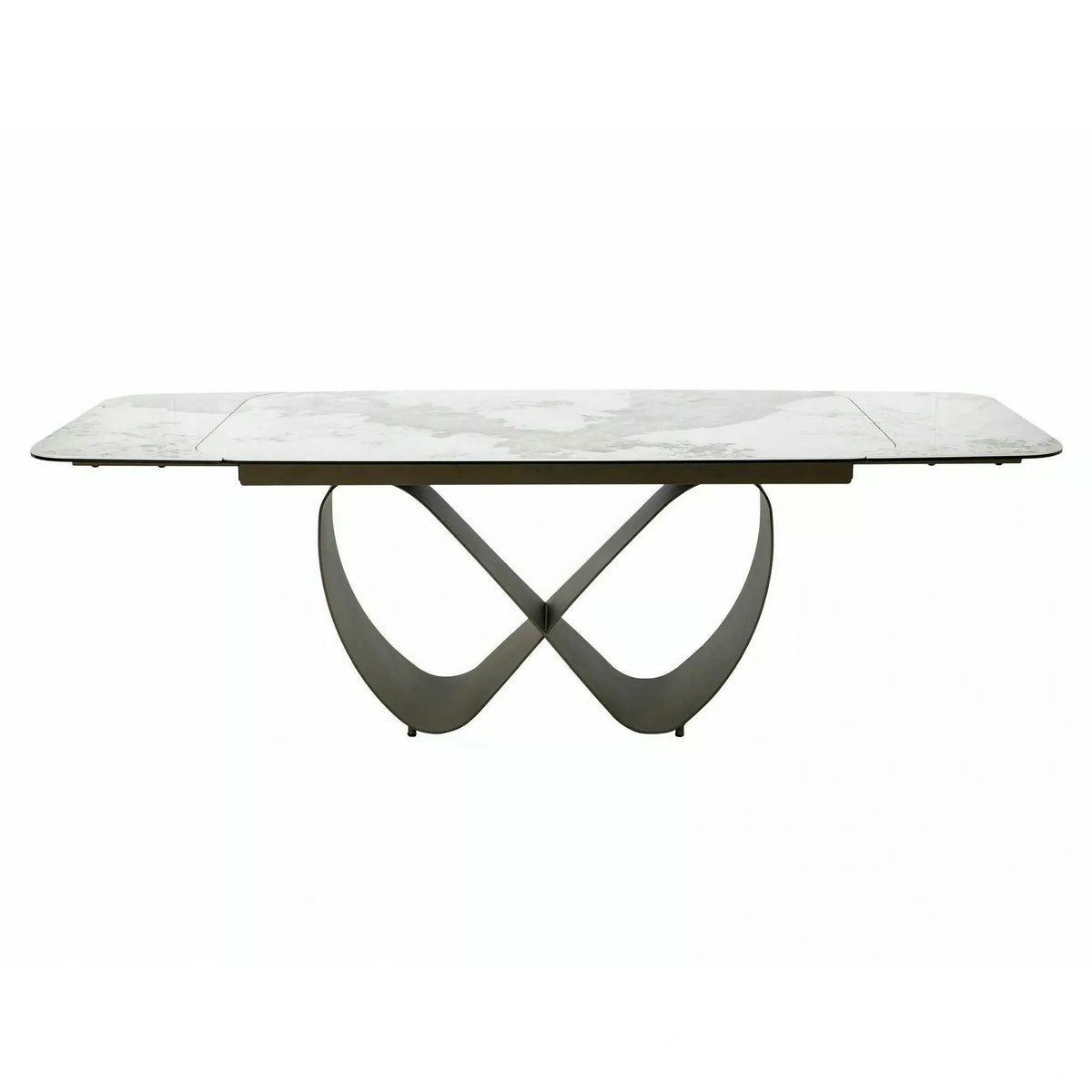 Masă extensibilă INFINITY, alb lucios/cupru, sticlă securizată/ceramică/metal, 160–240x95x76 cm
