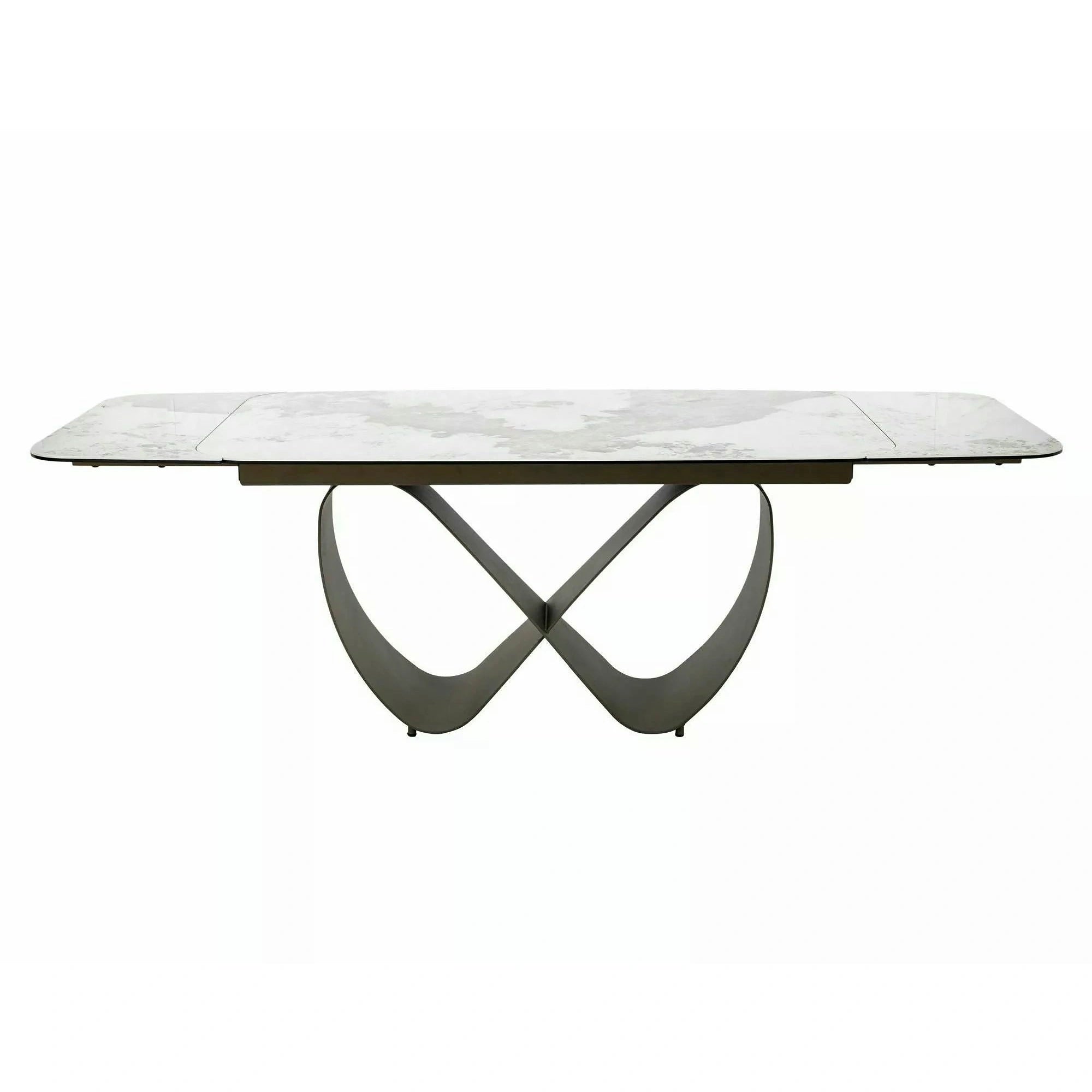 Masă extensibilă INFINITY, alb lucios/cupru, sticlă securizată/ceramică/metal, 160–240x95x76 cm
