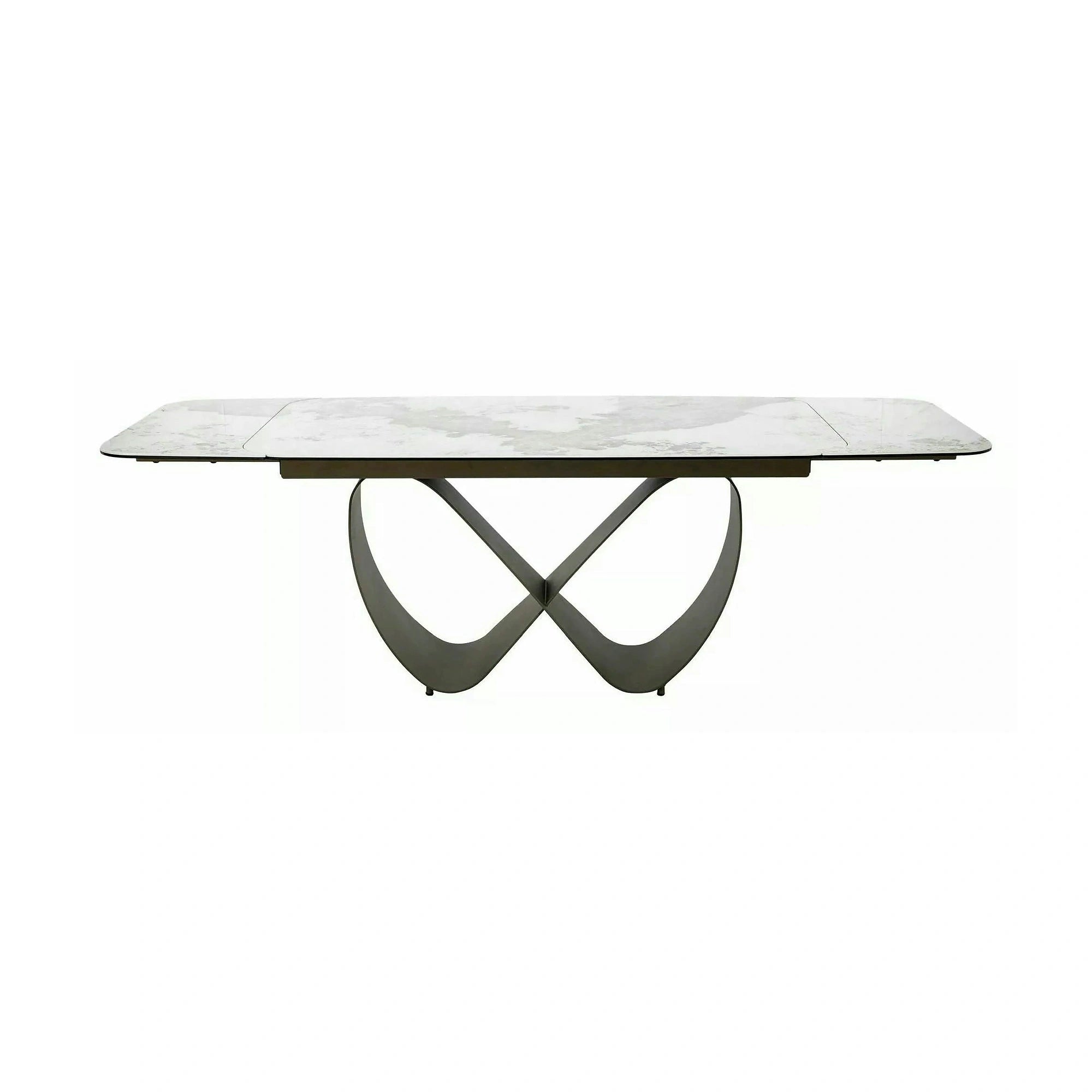 Masă extensibilă INFINITY, alb lucios/cupru, sticlă securizată/ceramică/metal, 160–240x95x76 cm