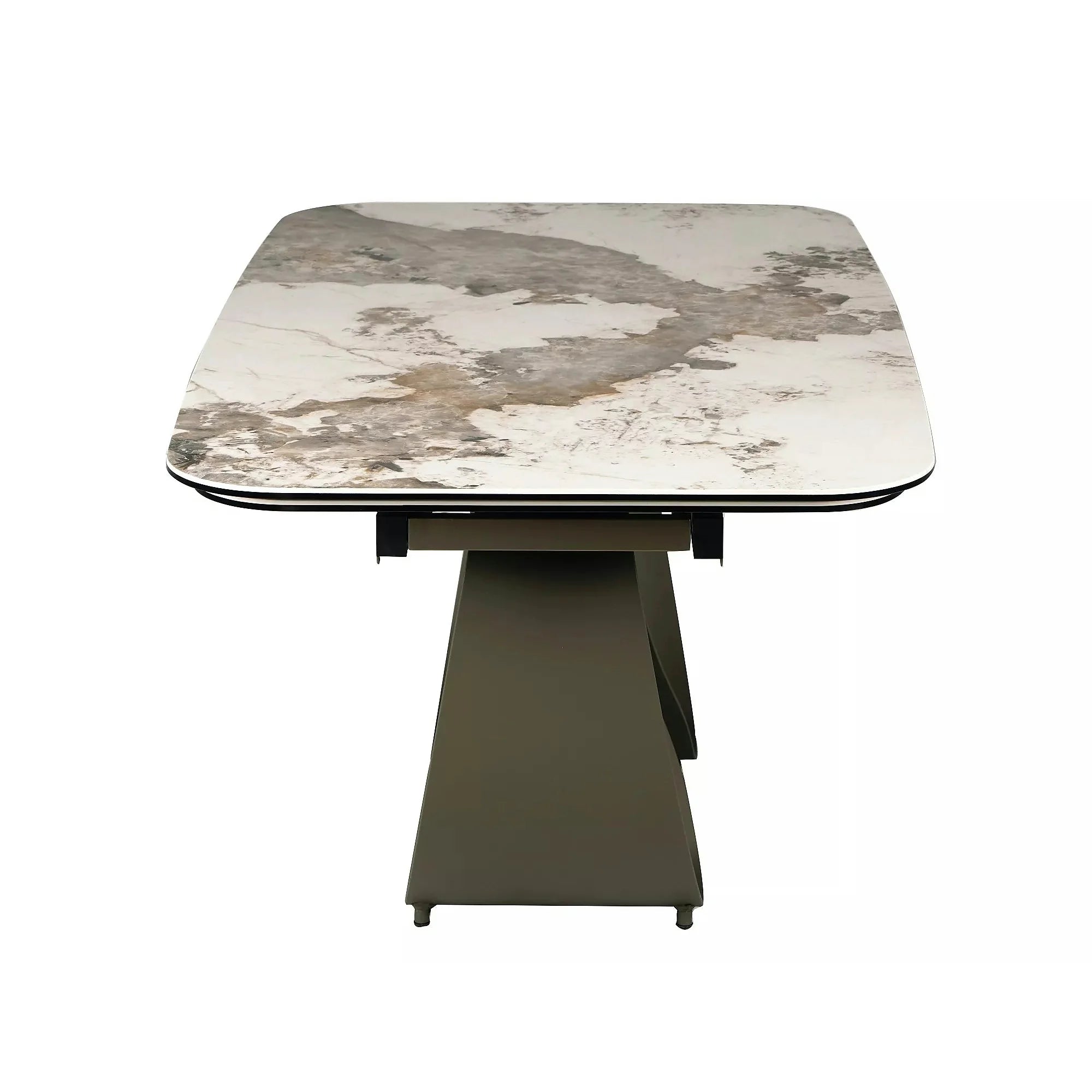 Masă extensibilă INFINITY, alb lucios/cupru, sticlă securizată/ceramică/metal, 160–240x95x76 cm