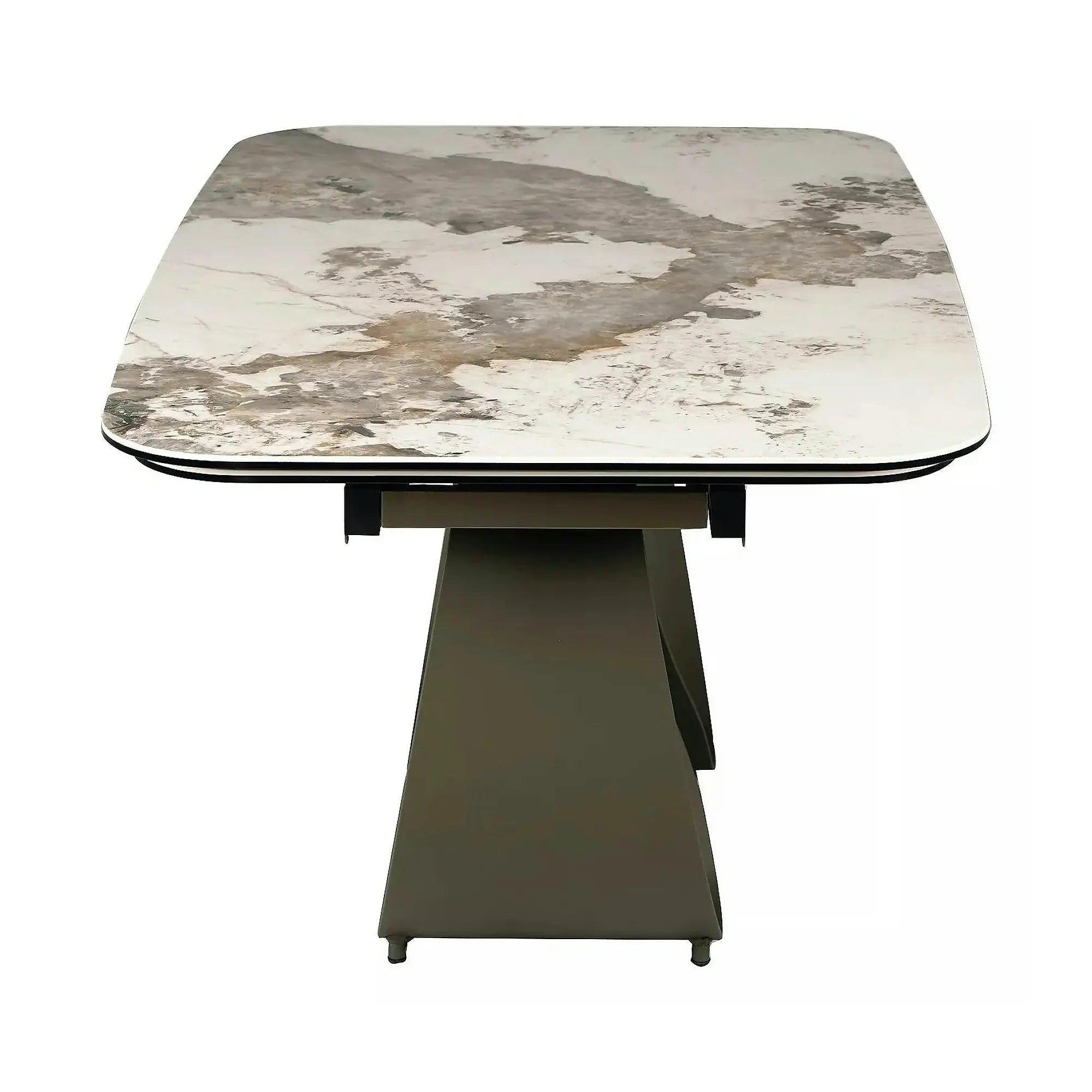 Masă extensibilă INFINITY, alb lucios/cupru, sticlă securizată/ceramică/metal, 160–240x95x76 cm