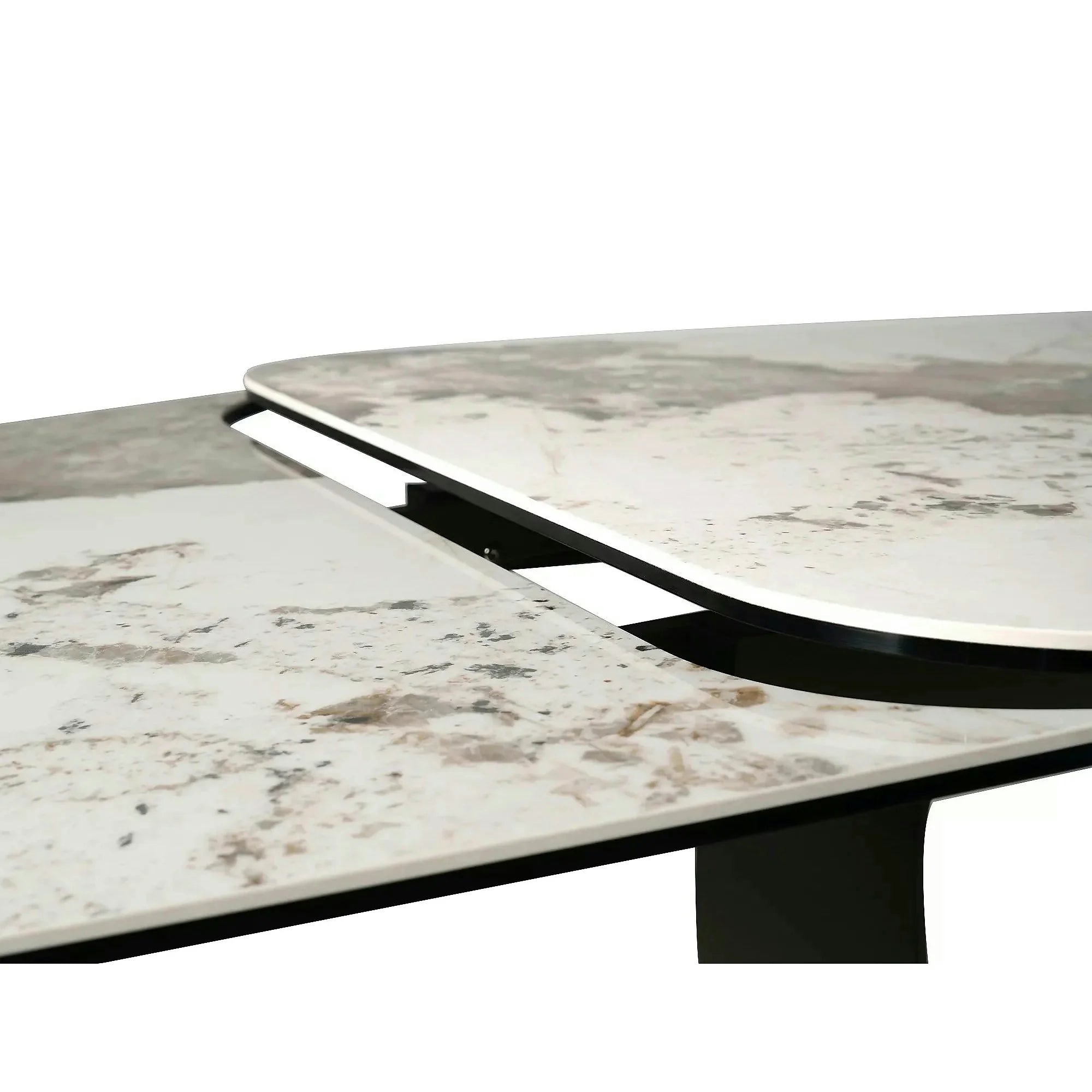 Masă extensibilă INFINITY, alb lucios/cupru, sticlă securizată/ceramică/metal, 160–240x95x76 cm
