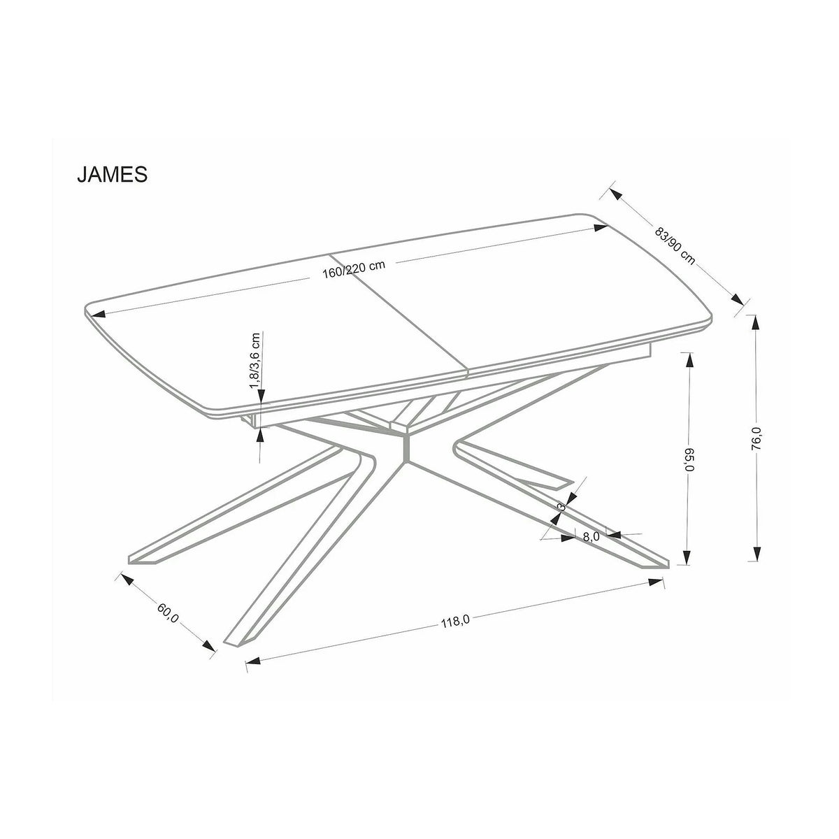 Masa extensibila JAMES, stejar/negru, 160/220x90x76 cm