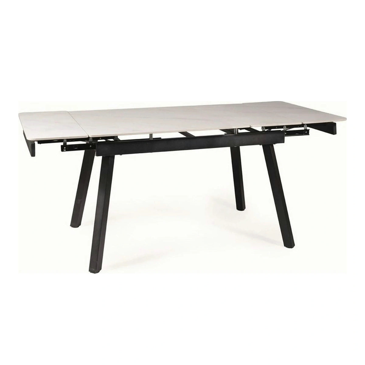 Masa extensibila JOHN, crem cu efect de marmura/negru mat, ceramica/metal, 120/180x85x76 cm