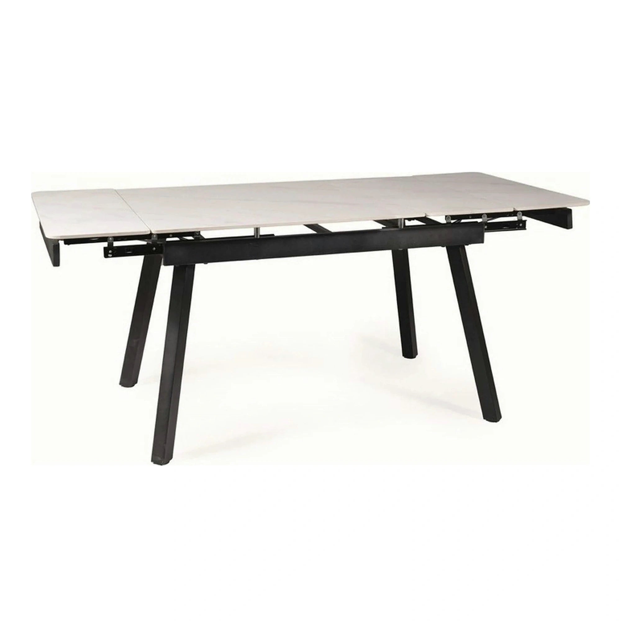 Masa extensibila JOHN, crem cu efect de marmura/negru mat, ceramica/metal, 120/180x85x76 cm