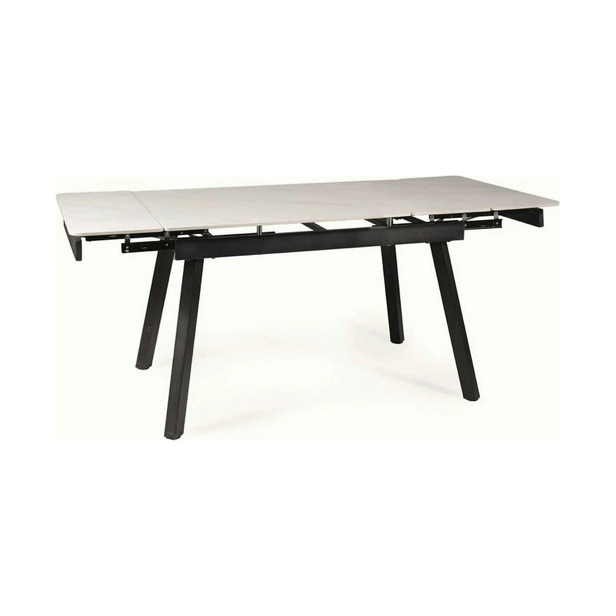 Masa extensibila JOHN, crem cu efect de marmura/negru mat, ceramica/metal, 120/180x85x76 cm