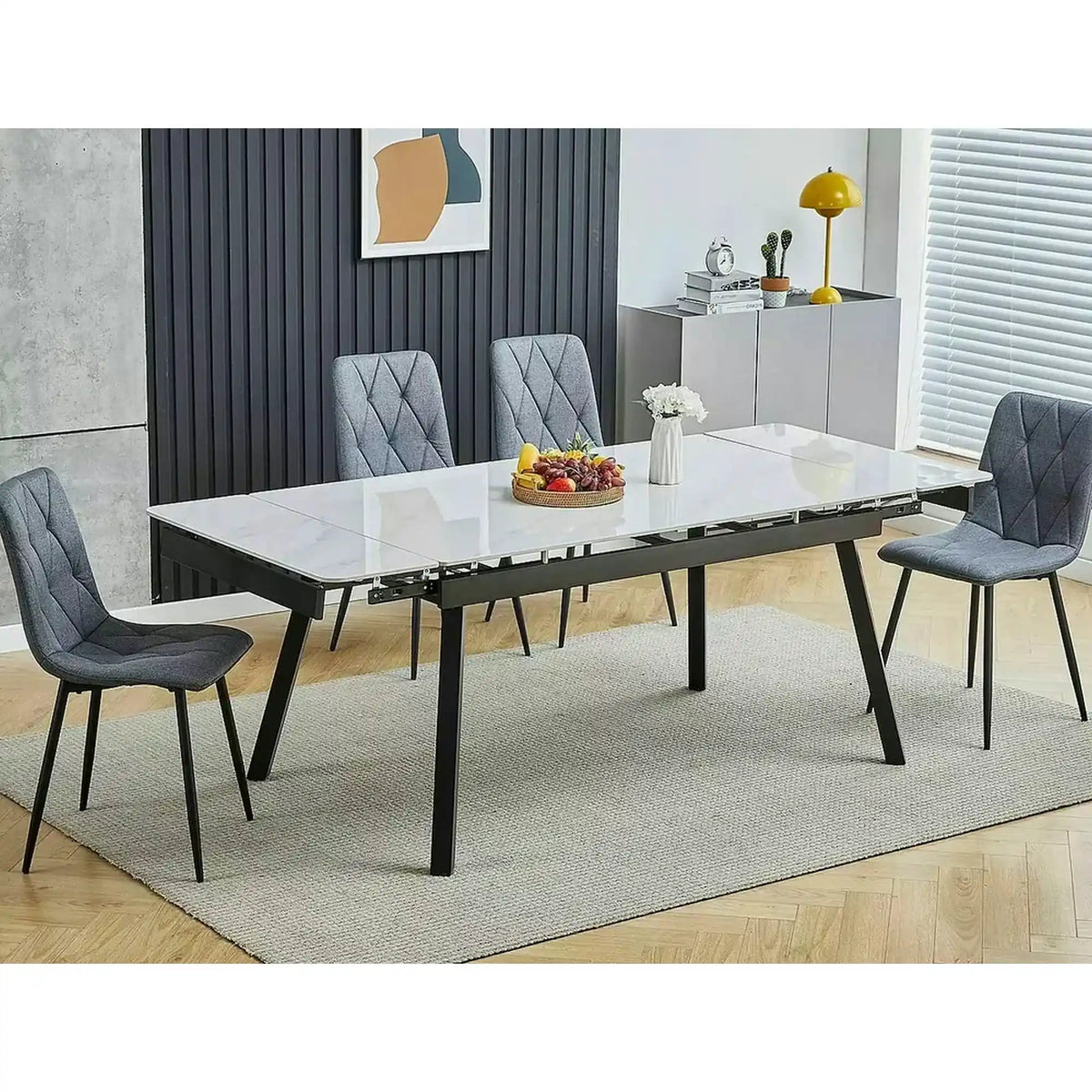 Masa extensibila JOHN, crem cu efect de marmura/negru mat, ceramica/metal, 120/180x85x76 cm