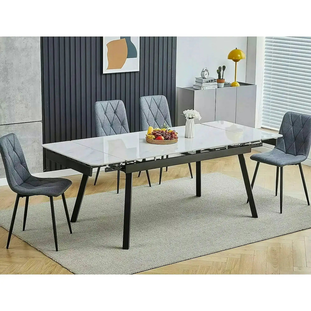 Masa extensibila JOHN, crem cu efect de marmura/negru mat, ceramica/metal, 120/180x85x76 cm