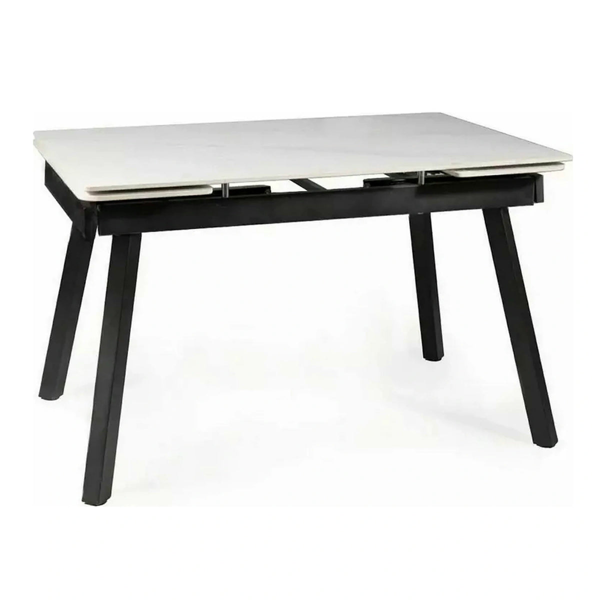 Masa extensibila JOHN, crem cu efect de marmura/negru mat, ceramica/metal, 120/180x85x76 cm