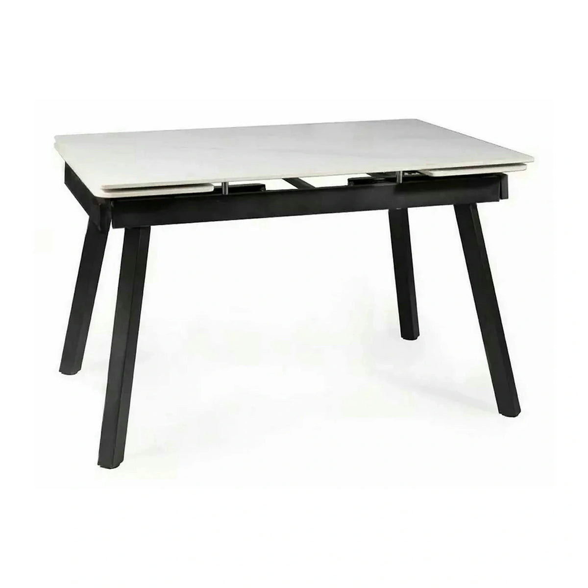 Masa extensibila JOHN, crem cu efect de marmura/negru mat, ceramica/metal, 120/180x85x76 cm