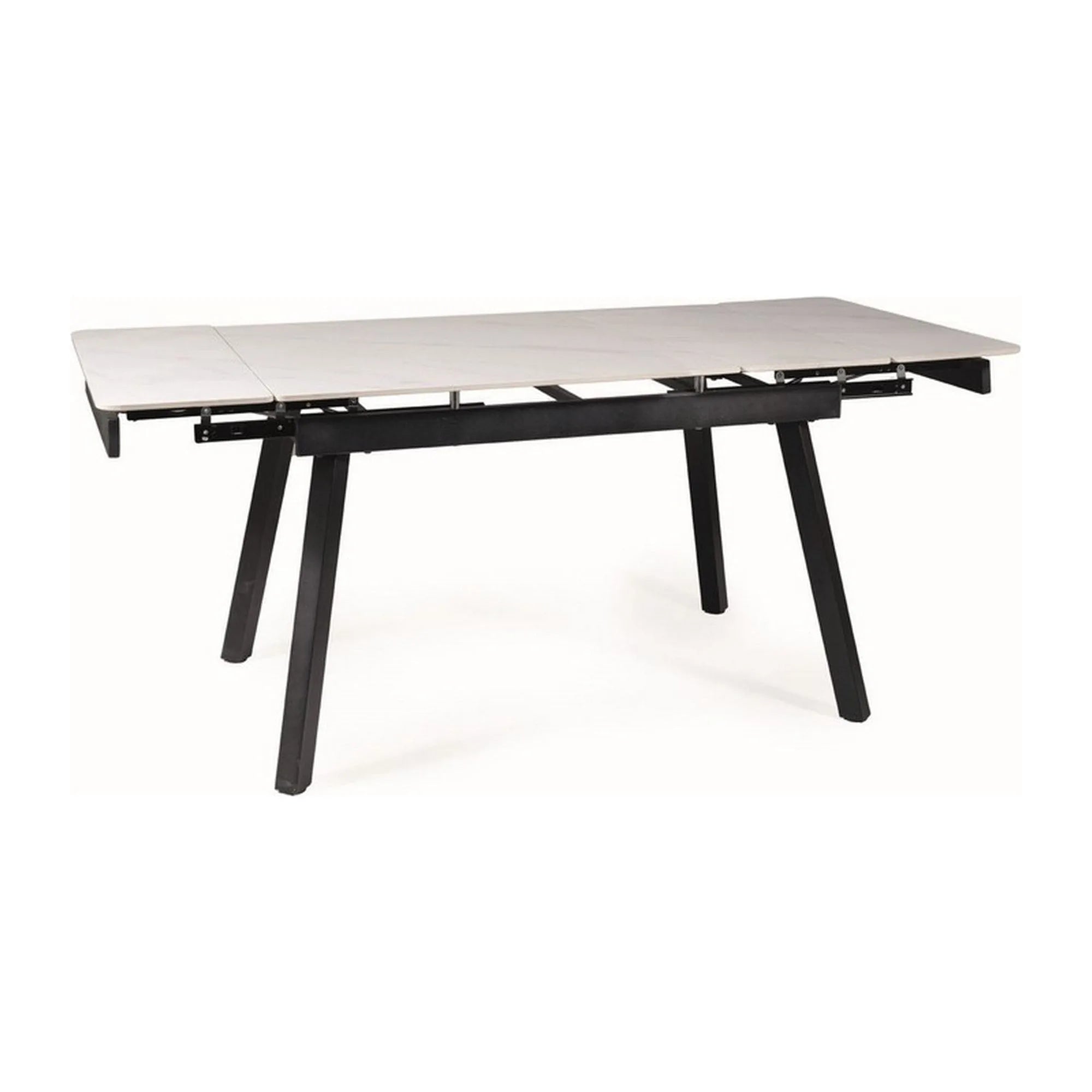 Masa extensibila JOHN, crem cu efect de marmura/negru mat, ceramica/metal, 120/180x85x76 cm