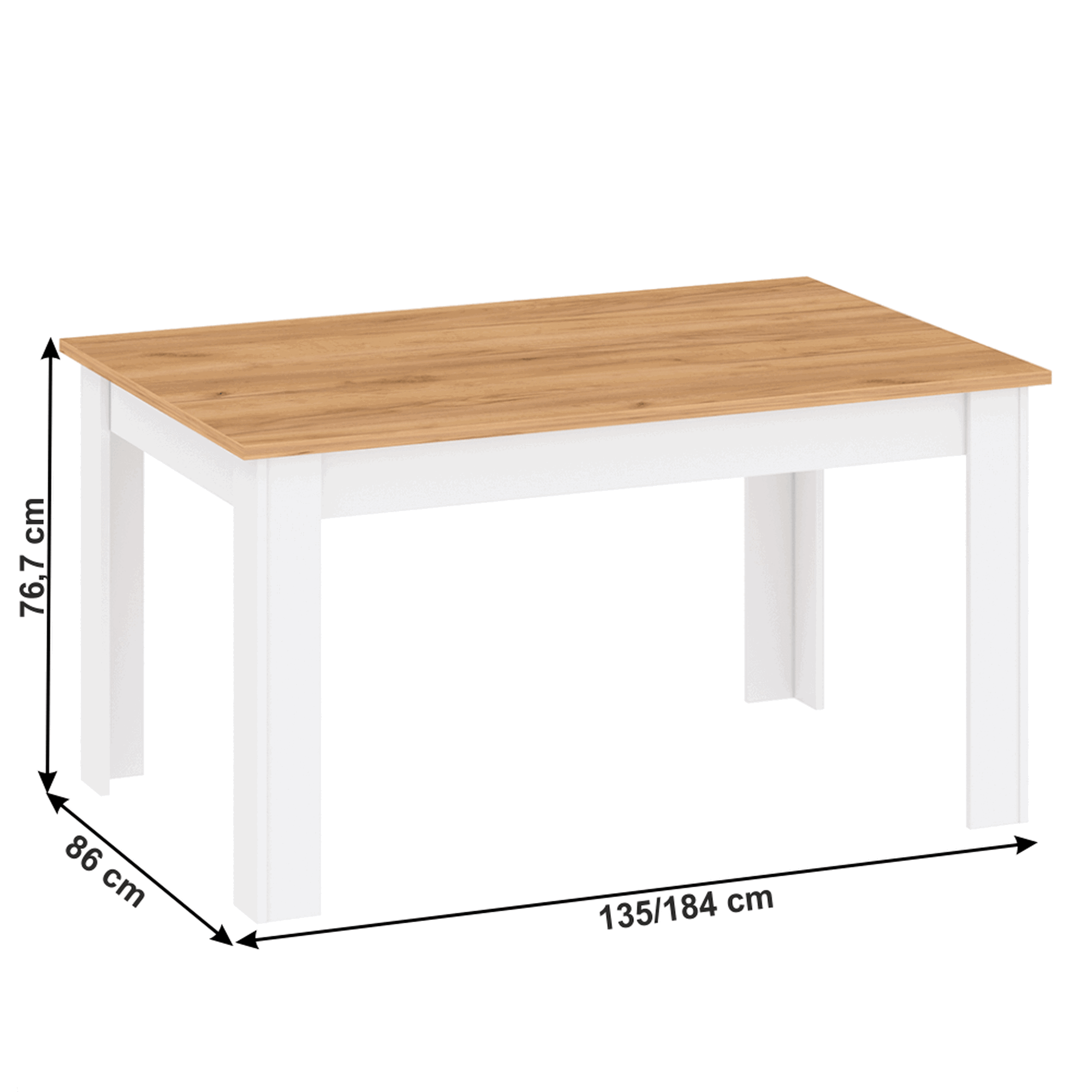 Masa extensibila LANZETTE S, stejar/alb, DTD laminat, 135/184x86x76 cm