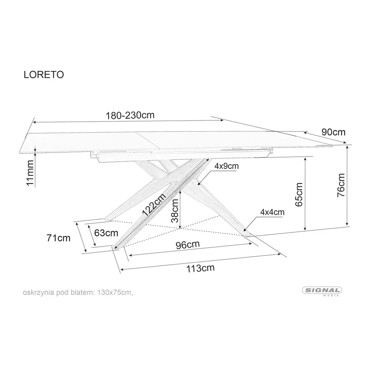 Masa extensibila LORETO, maro/stejar, sticla/ceramica/lemn, 180/230x90x76 cm