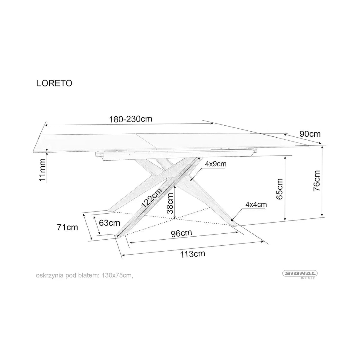Masa extensibila LORETO, maro/stejar, sticla/ceramica/lemn, 180/230x90x76 cm