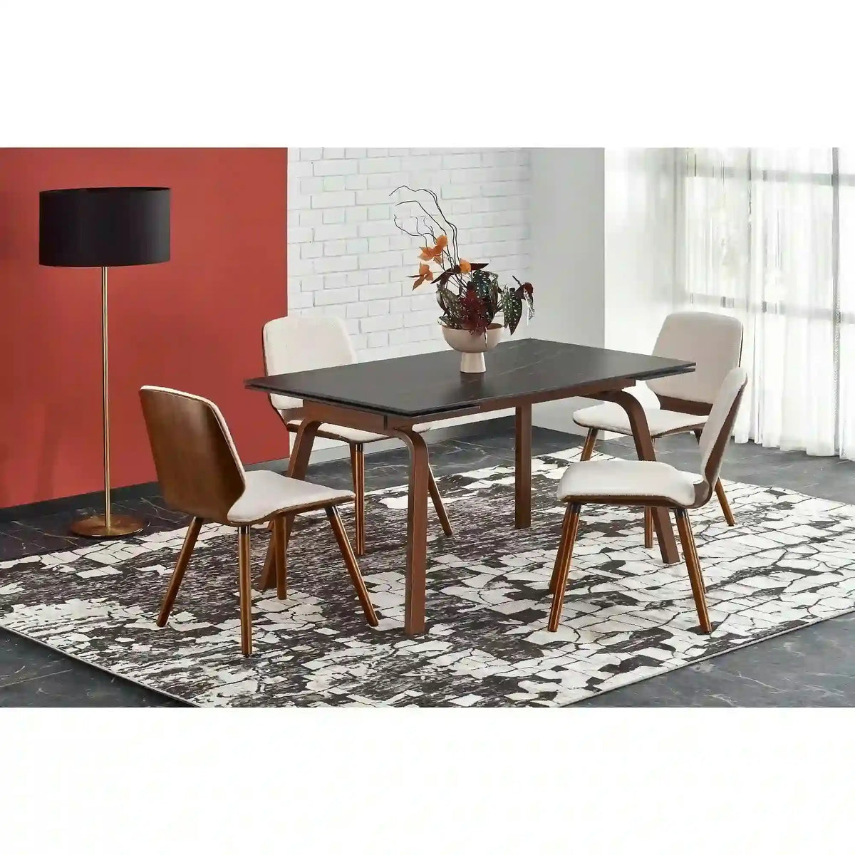 Masa extensibila LOZANO, maro/nuc, metal/piatra sinterizata, 140-200x82x76 cm