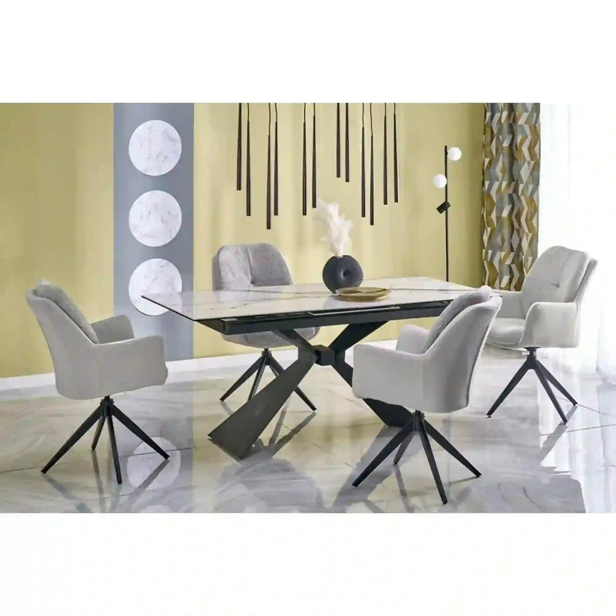 Masa extensibila LUCIANO, alb cu efect de marmura/negru, ceramica/sticla/otel, 180/230x90x76 cm