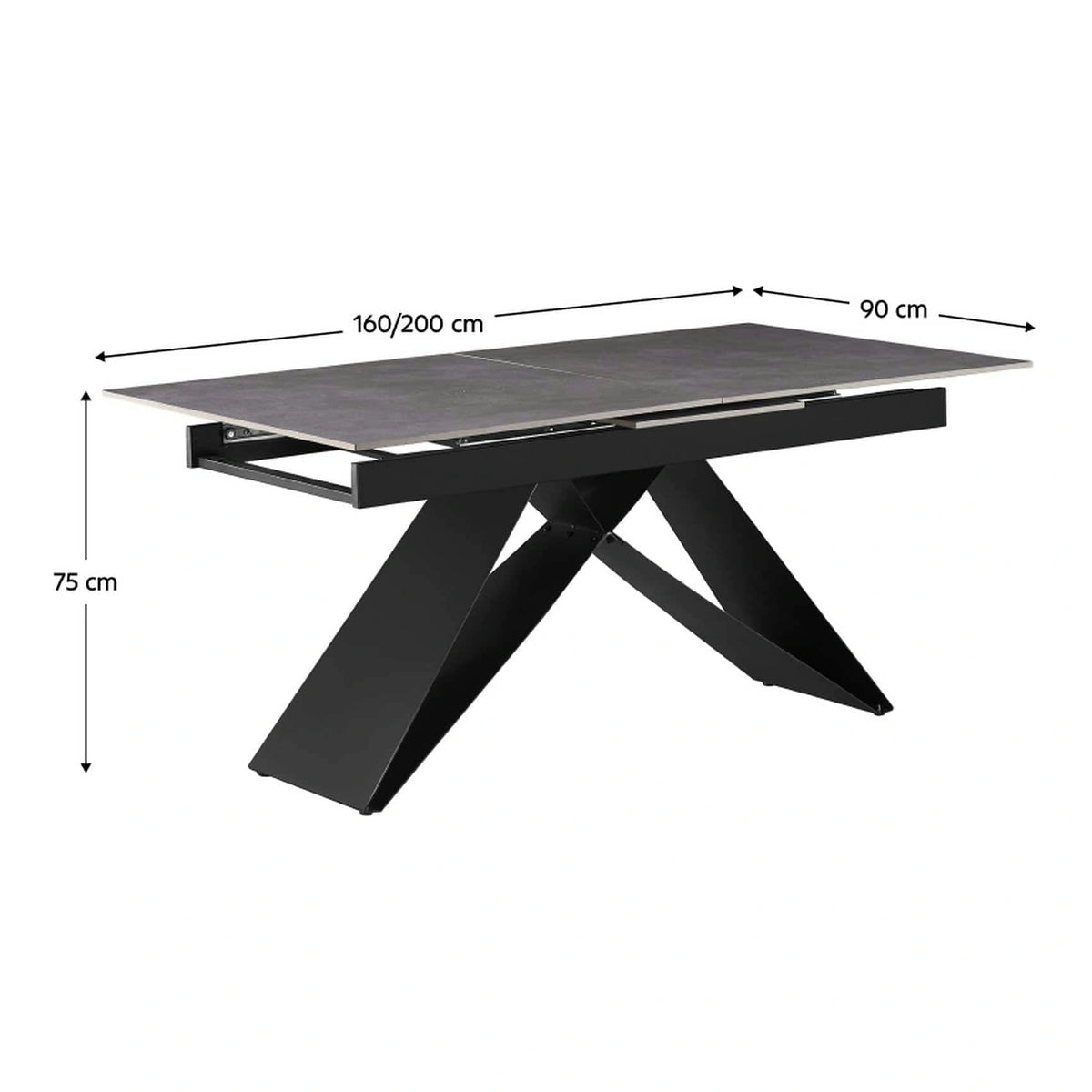 Masa extensibila MAJED, gri beton/negru, ceramica/metal, 160/200x90x75 cm