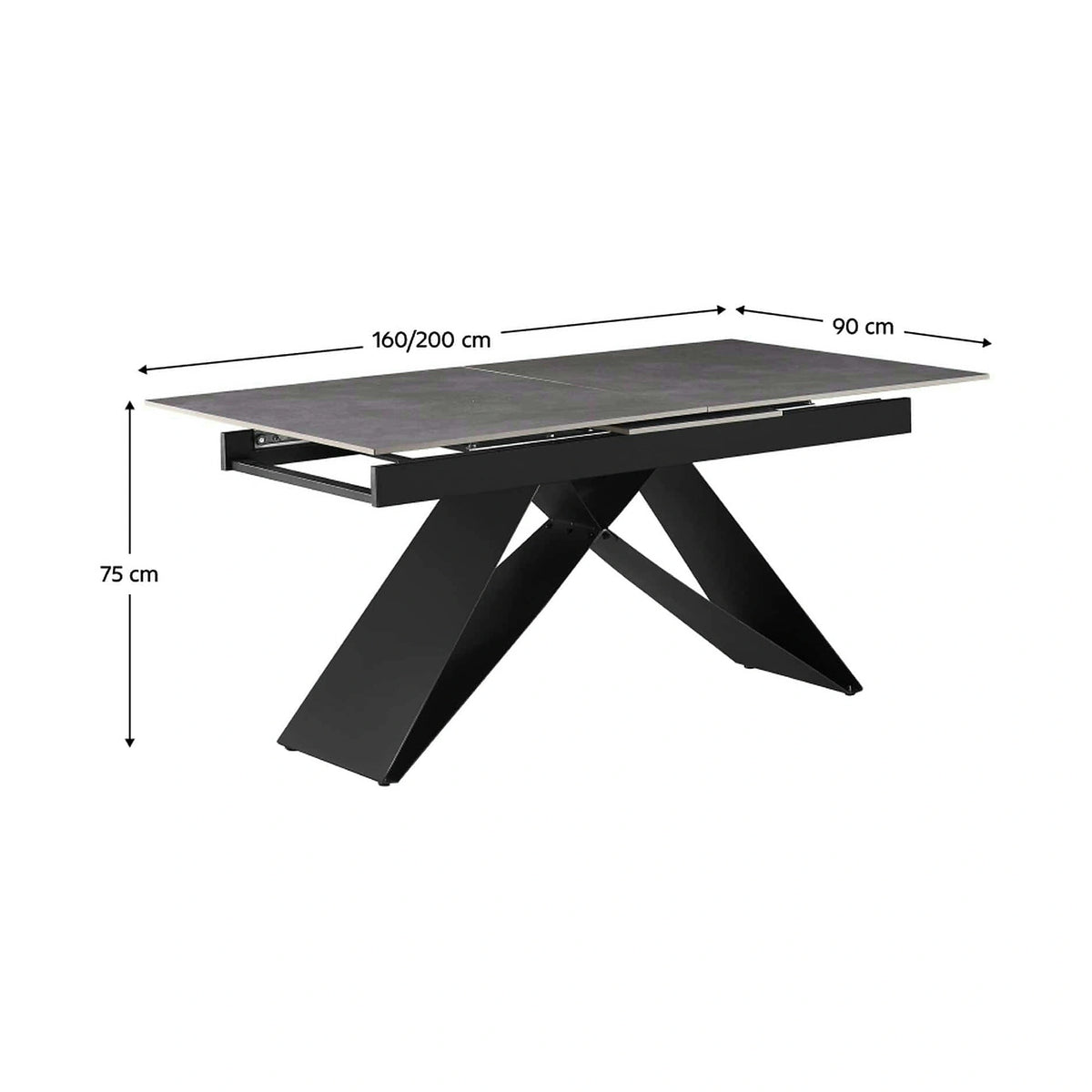 Masa extensibila MAJED, gri beton/negru, ceramica/metal, 160/200x90x75 cm