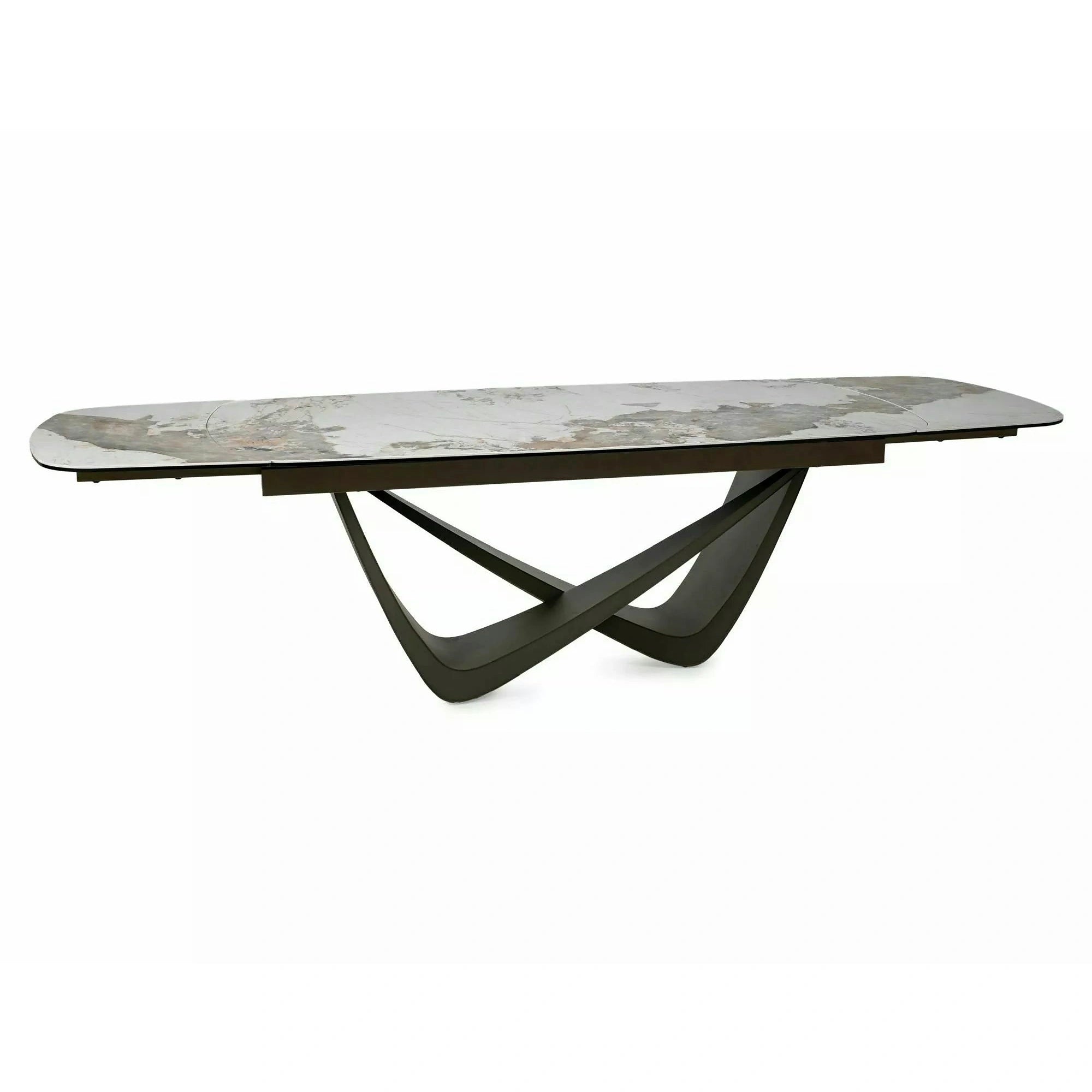 Masă extensibilă MARANELLO, alb/cupru, sticlă securizată/ceramică/metal, 200–290x98x77 cm