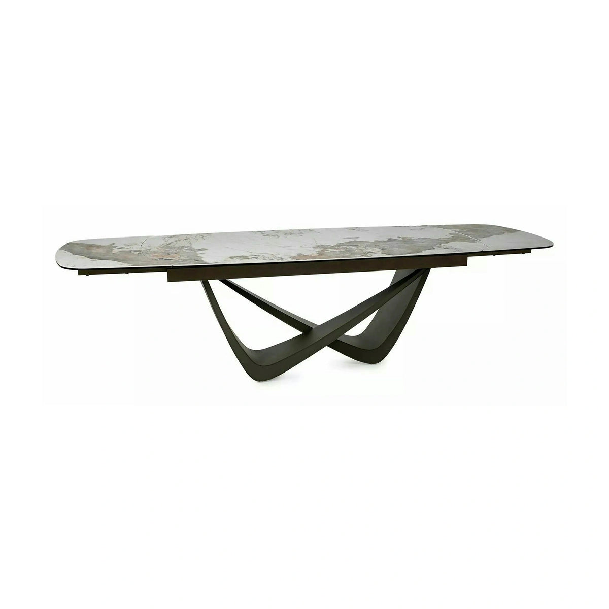 Masă extensibilă MARANELLO, alb/cupru, sticlă securizată/ceramică/metal, 200–290x98x77 cm