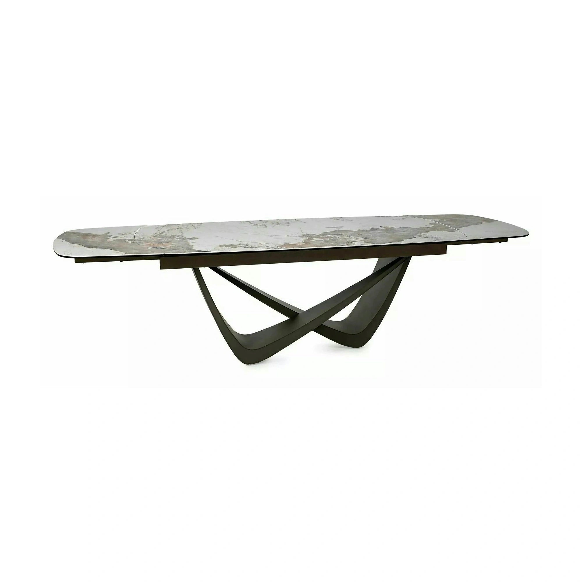 Masă extensibilă MARANELLO, alb/cupru, sticlă securizată/ceramică/metal, 200–290x98x77 cm
